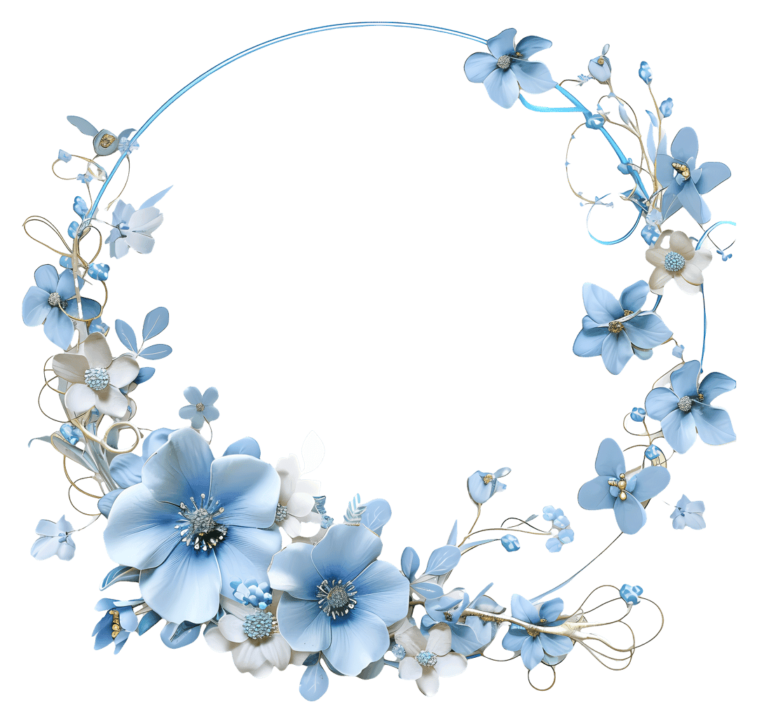 Blue flower wreath png features watercolor petals and green leaves arranged in a circular frame on a clear backdrop.