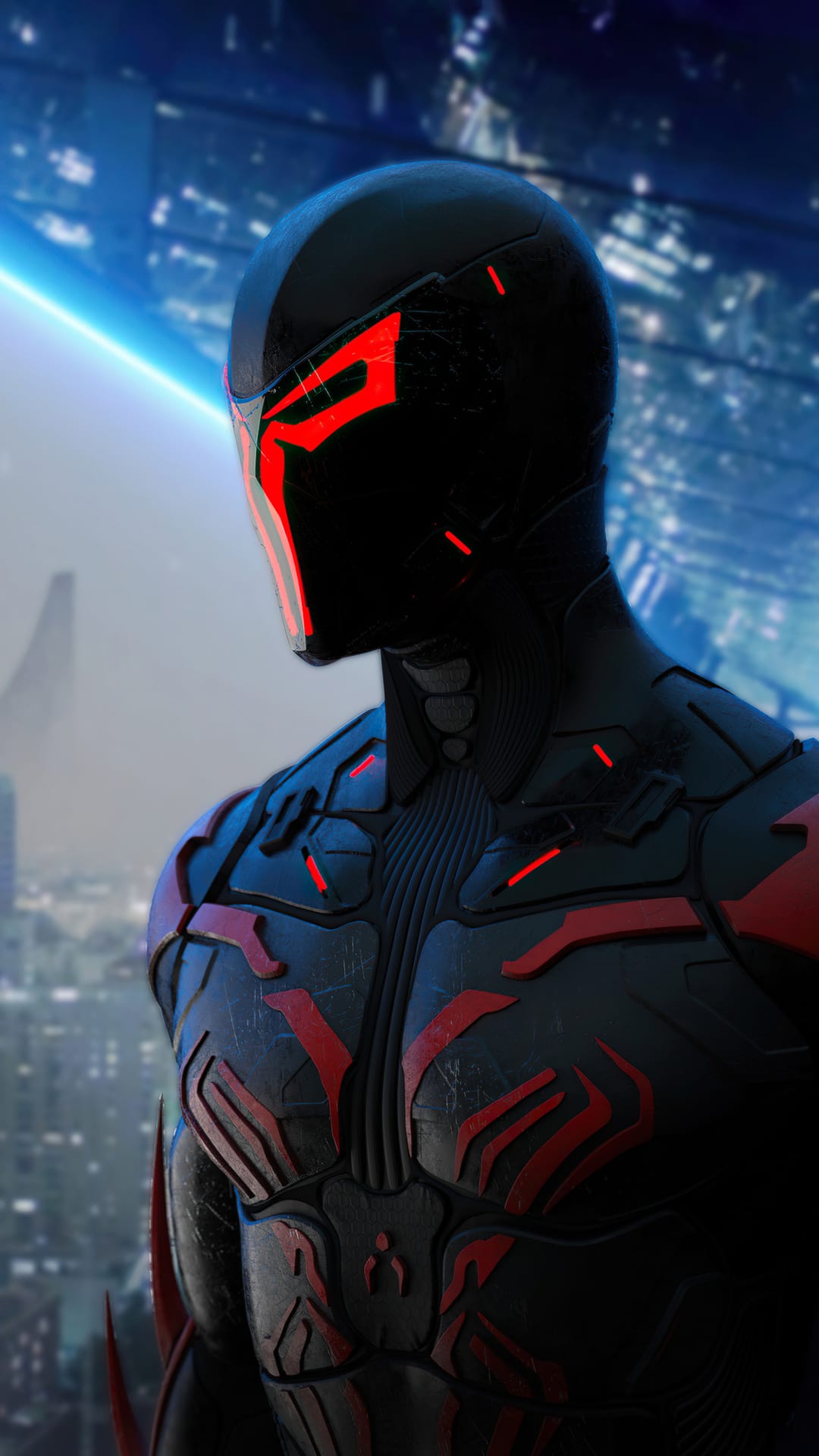 Cybernetic warrior wearing matte black armor with a glowing red visor against a blurred neon blue city skyline.