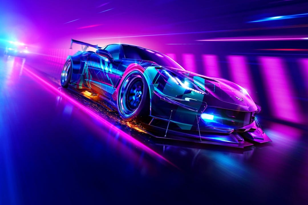 Modified sports car racing through a glowing purple tunnel with neon lights and flying orange sparks.