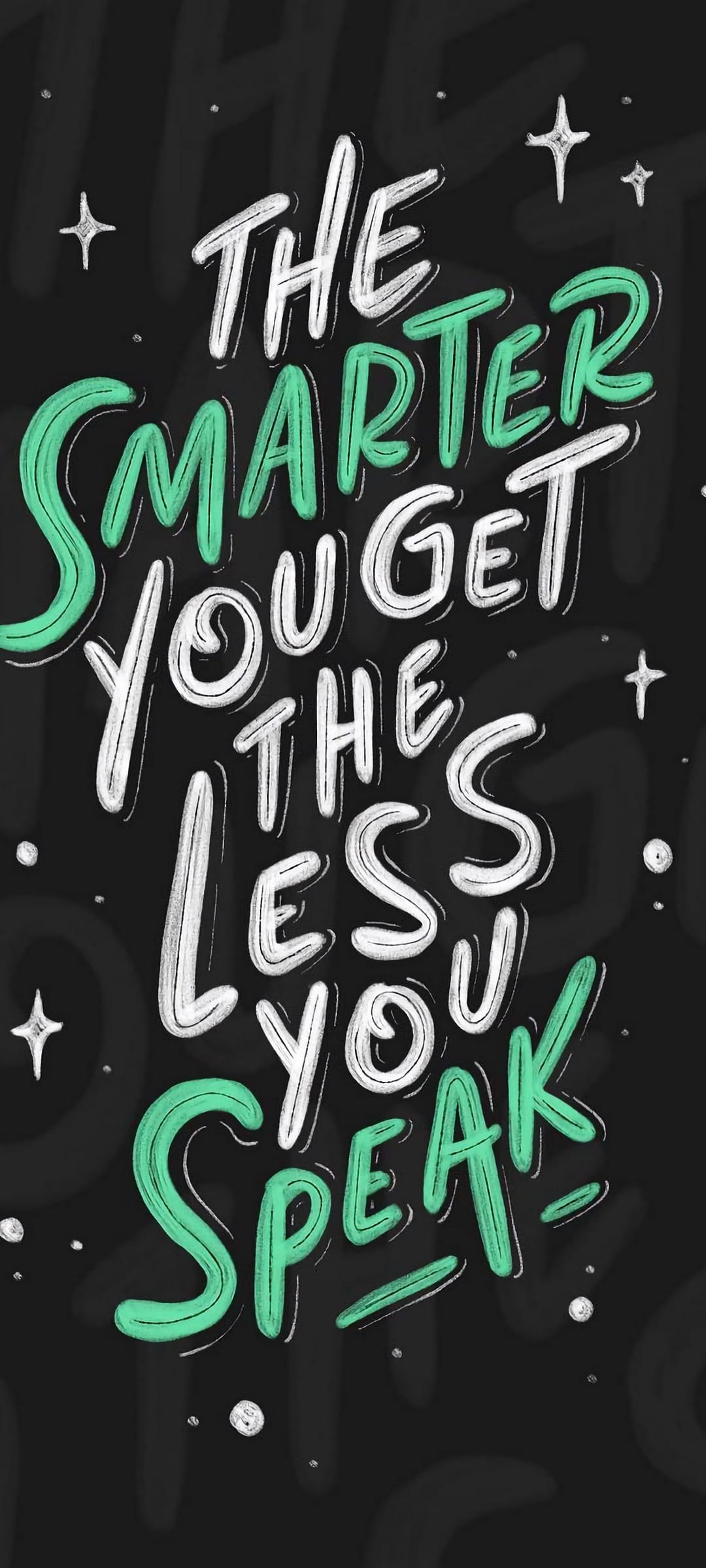 Hand-drawn teal and white quote text sits on a dark background decorated with small white stars and dots.