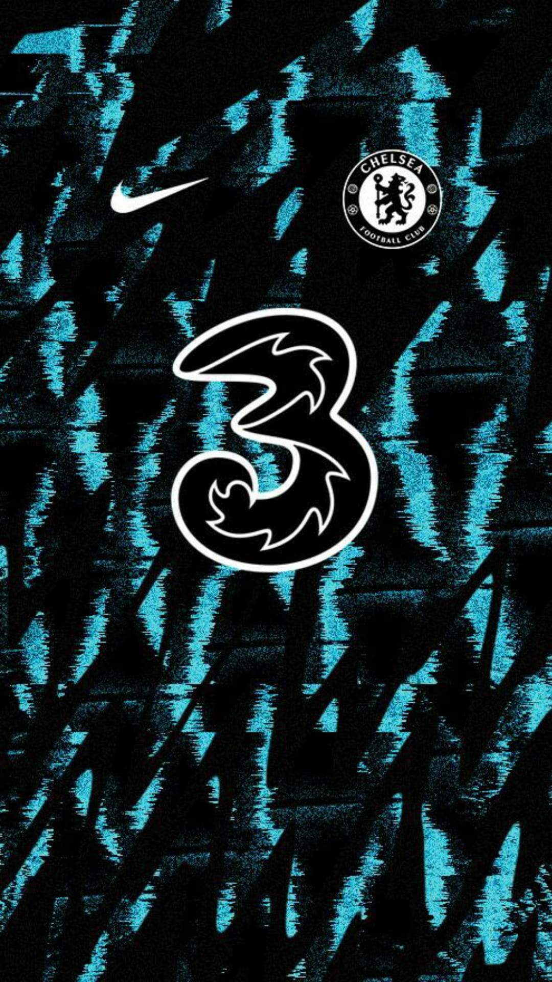 Chelsea FC crest and white number three on a black football jersey with abstract teal brushstroke patterns.