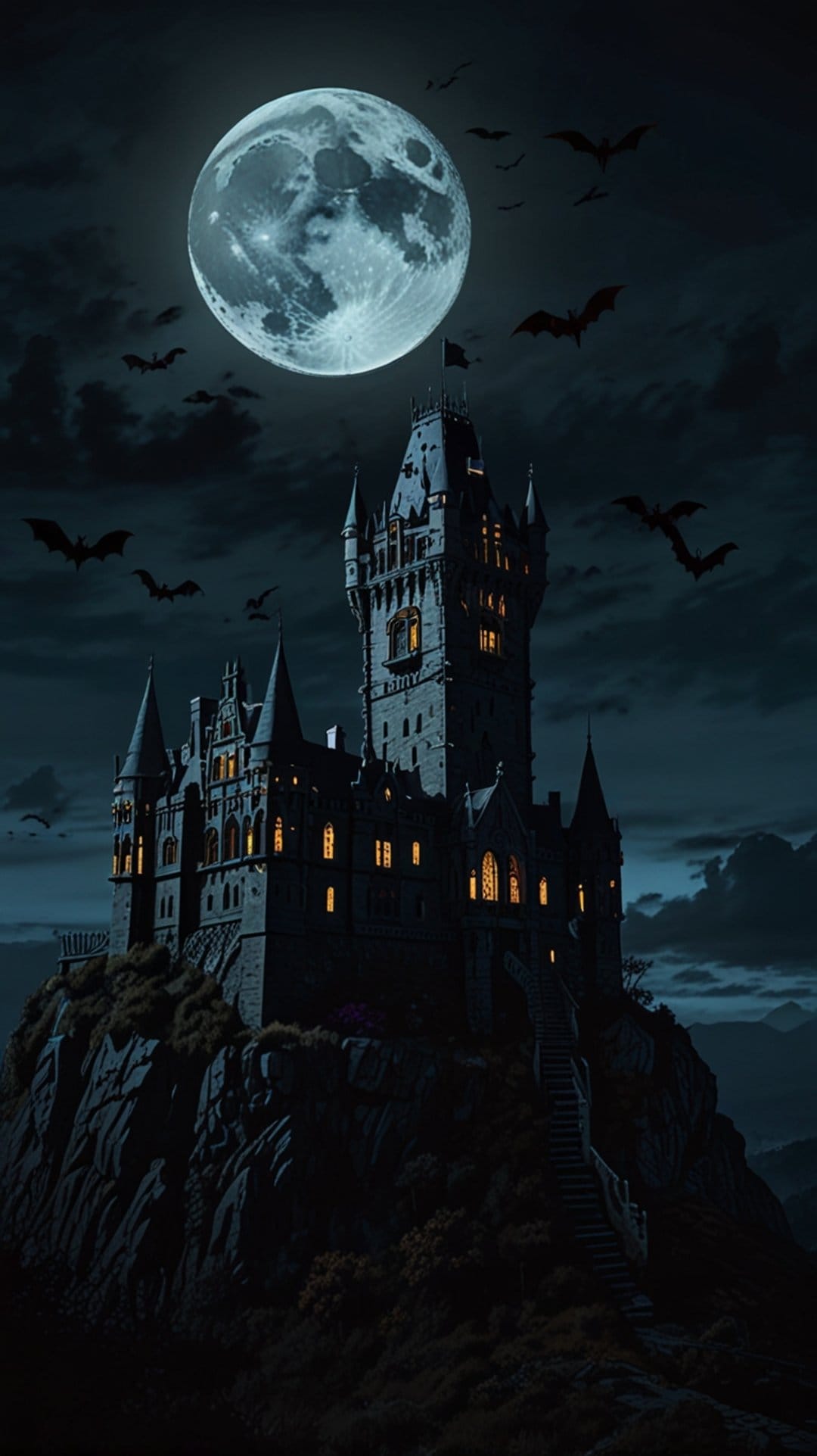 Gothic castle on a jagged cliff silhouetted against a massive full moon as bats fly across the dark night sky.
