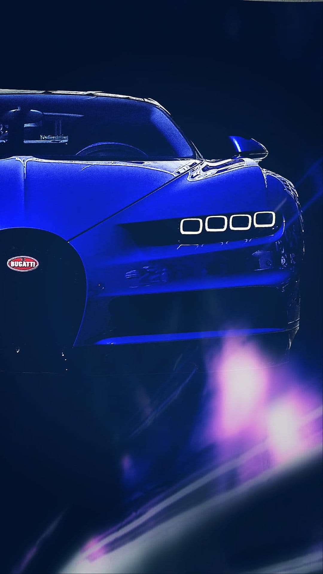 Bugatti Chiron headlights glow against a dark background with pink and purple light trails on a phone display.