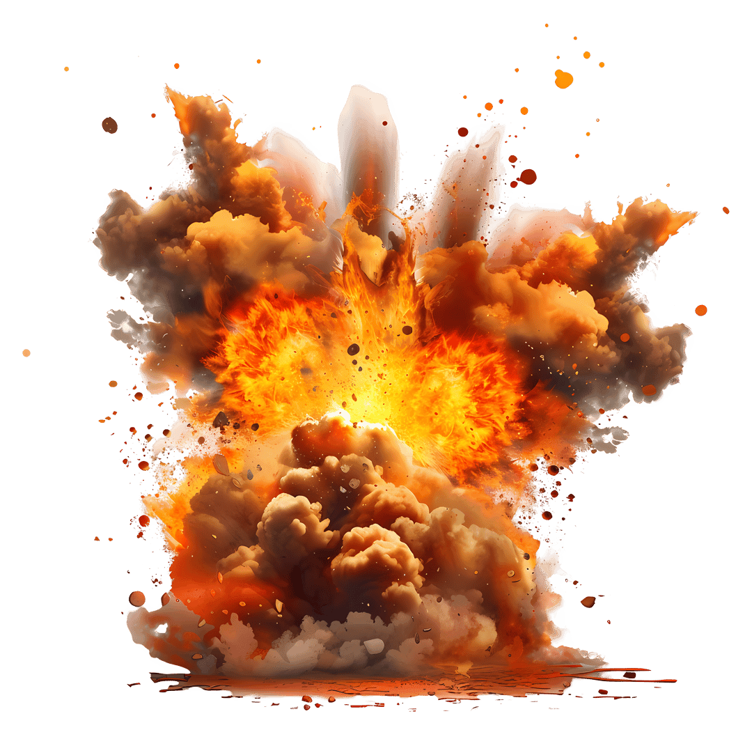Fire explosion with dense smoke plumes and orange glowing particles expanding outward on a clear background.