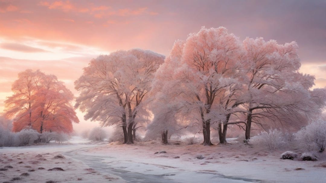 Frost-covered trees stand against a soft pink and purple sunset sky within a vertical snow-covered landscape.