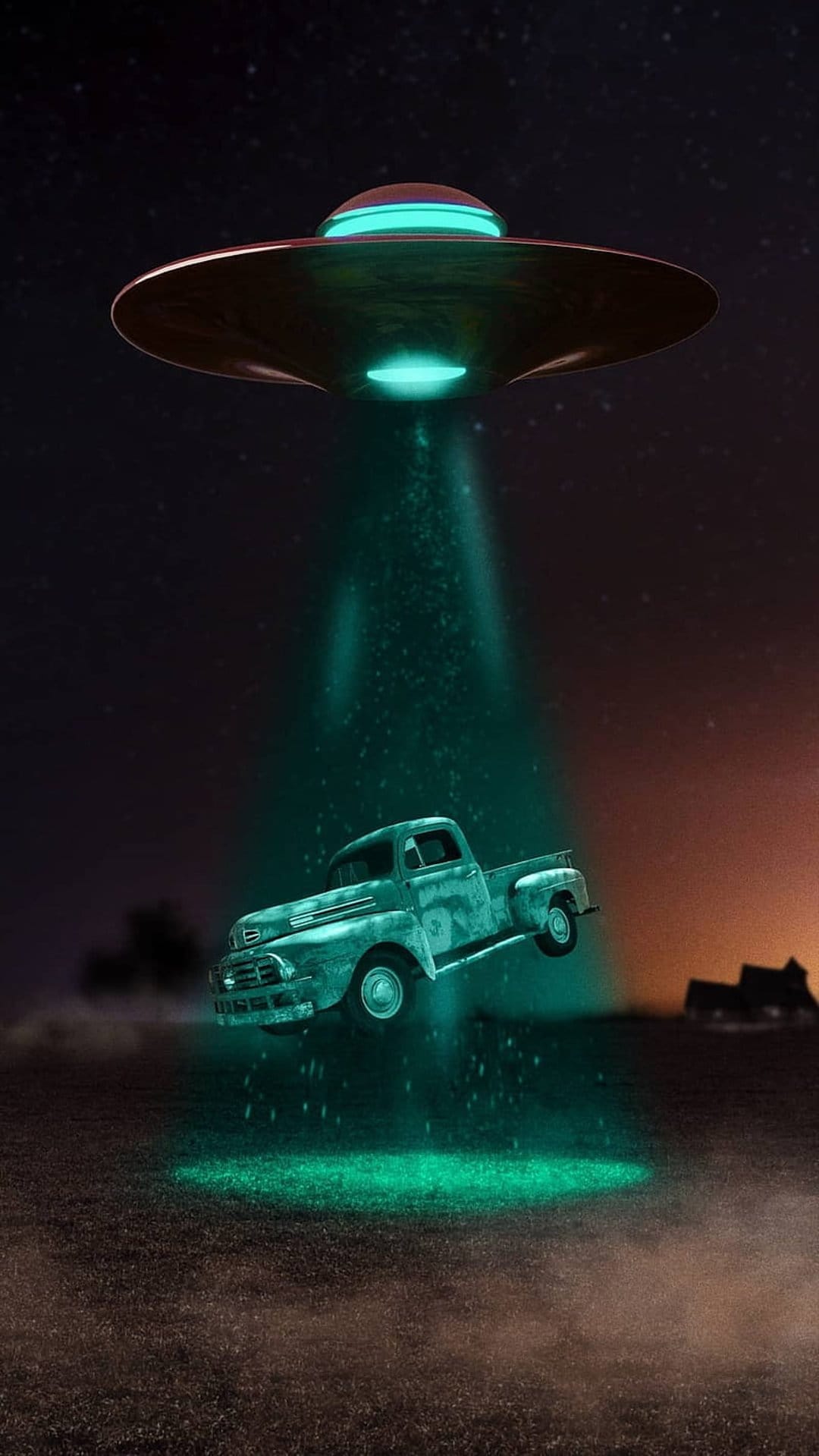 Vintage pickup truck levitating toward a glowing green alien spacecraft under a dark starry nocturnal sky.