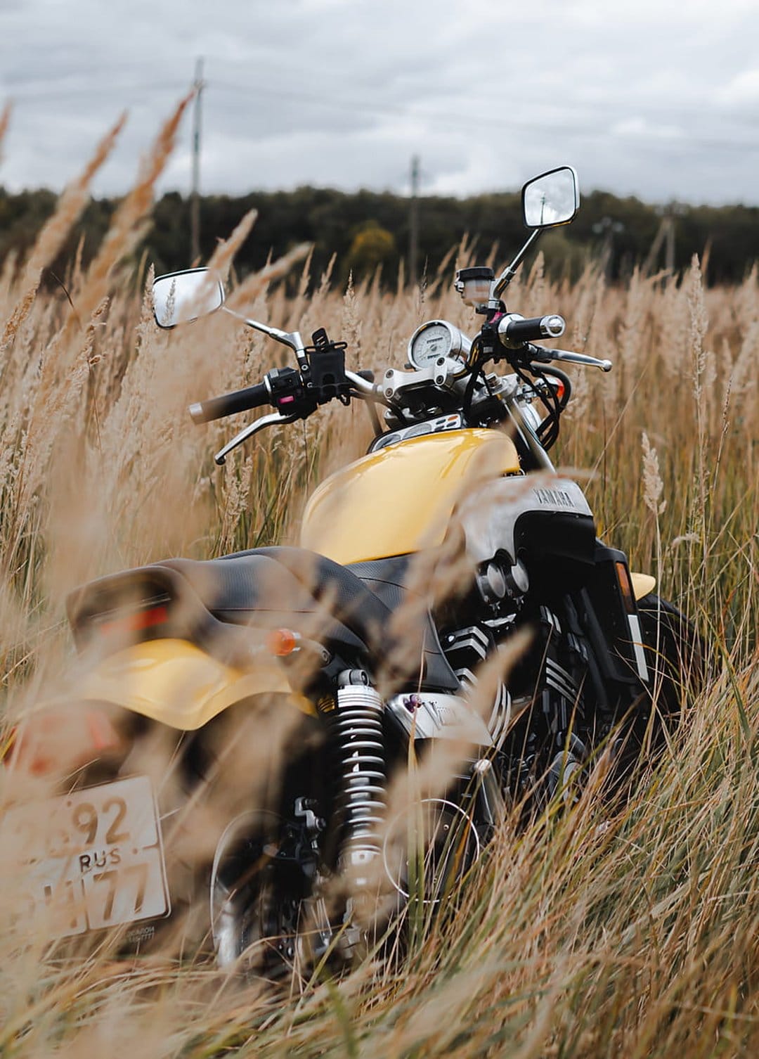Yellow vintage motorcycle with chrome accents parked in a field of tall dry grass under an overcast grey sky.