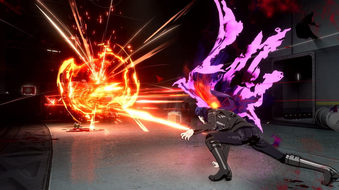 Protagonist lunges beside a large orange fire explosion while trailing a vibrant purple energy aura in a dark room.
