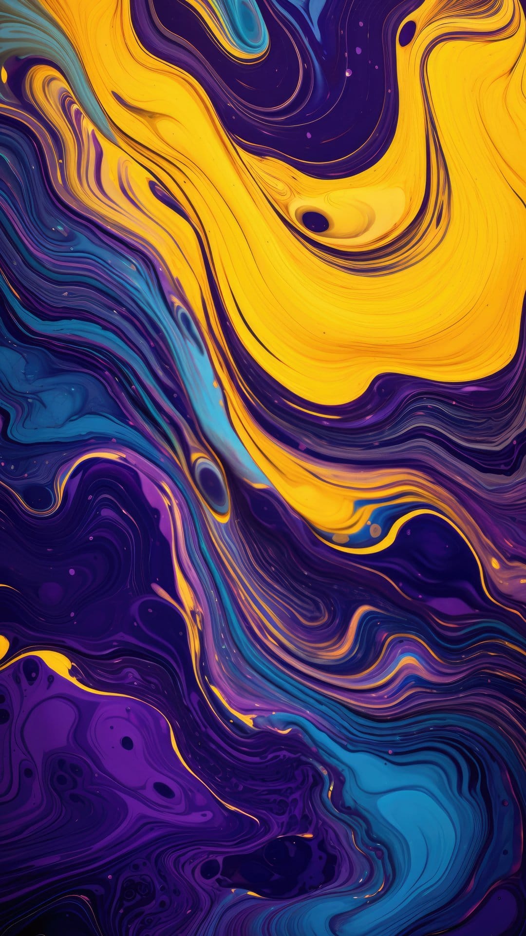 Swirling liquid patterns of yellow, purple, and blue merge into an intricate marbled texture with organic curves.