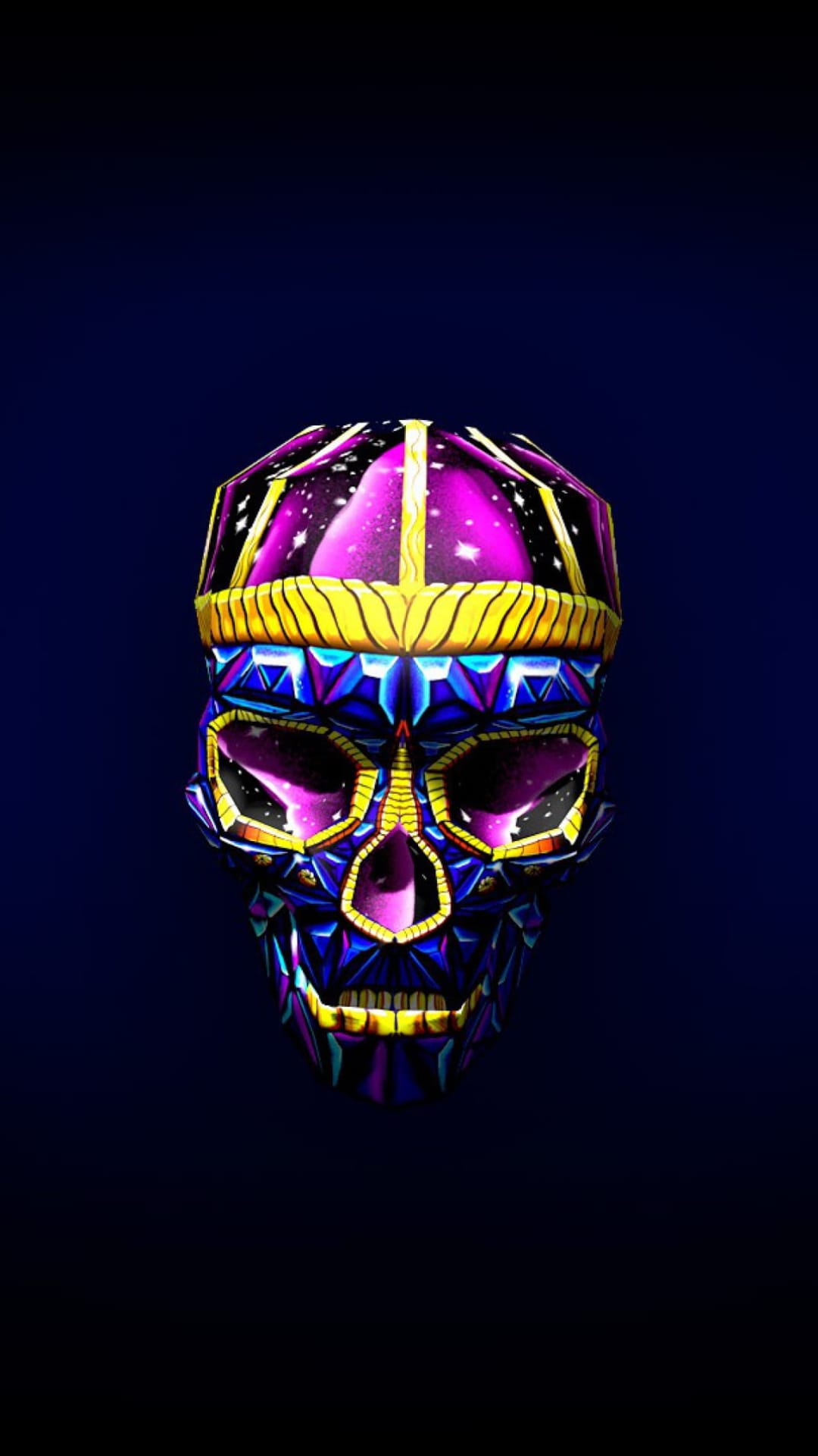 Crowned skull mask featuring violet geometric patterns and golden filigree against a dark celestial background.