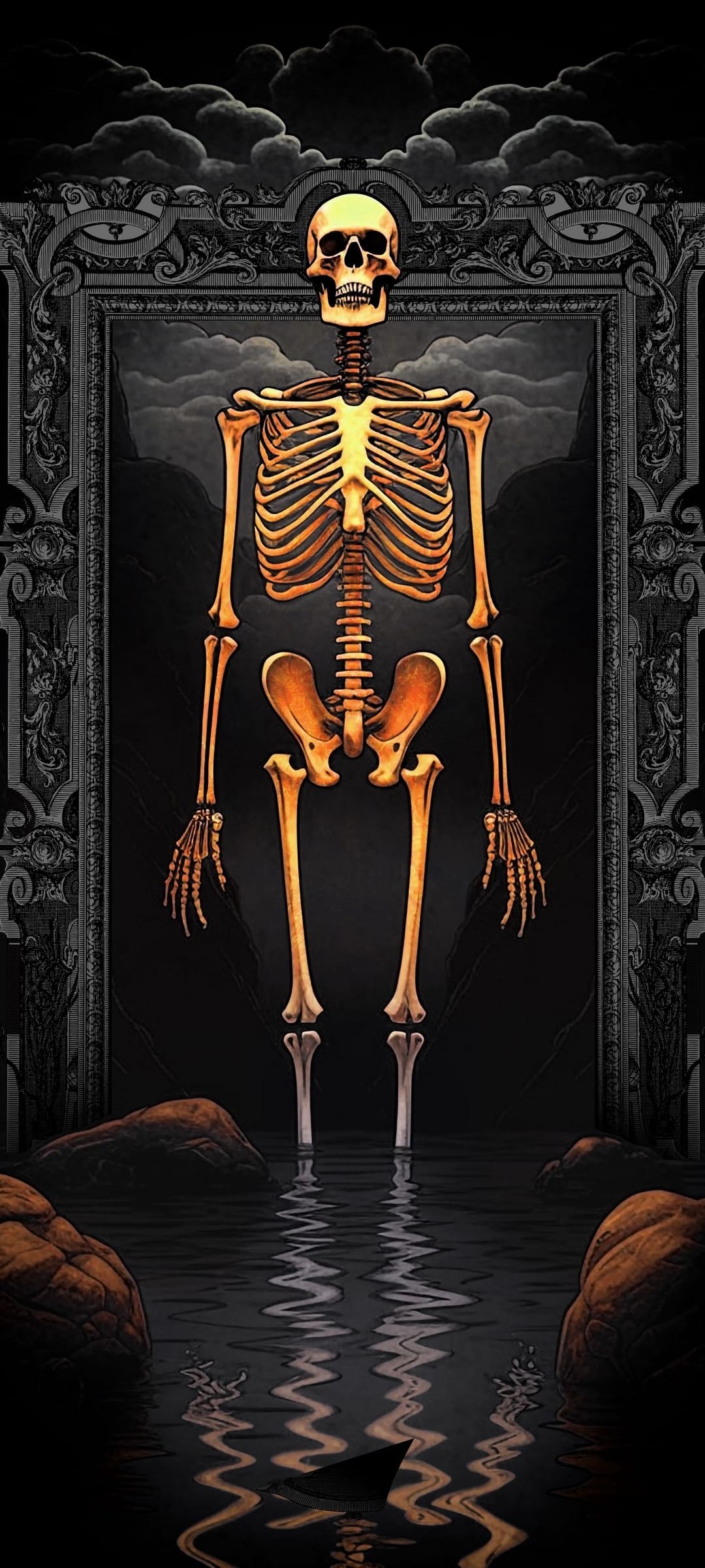 Golden human skeleton standing inside a carved frame with feet submerged in dark rippling water during a storm.