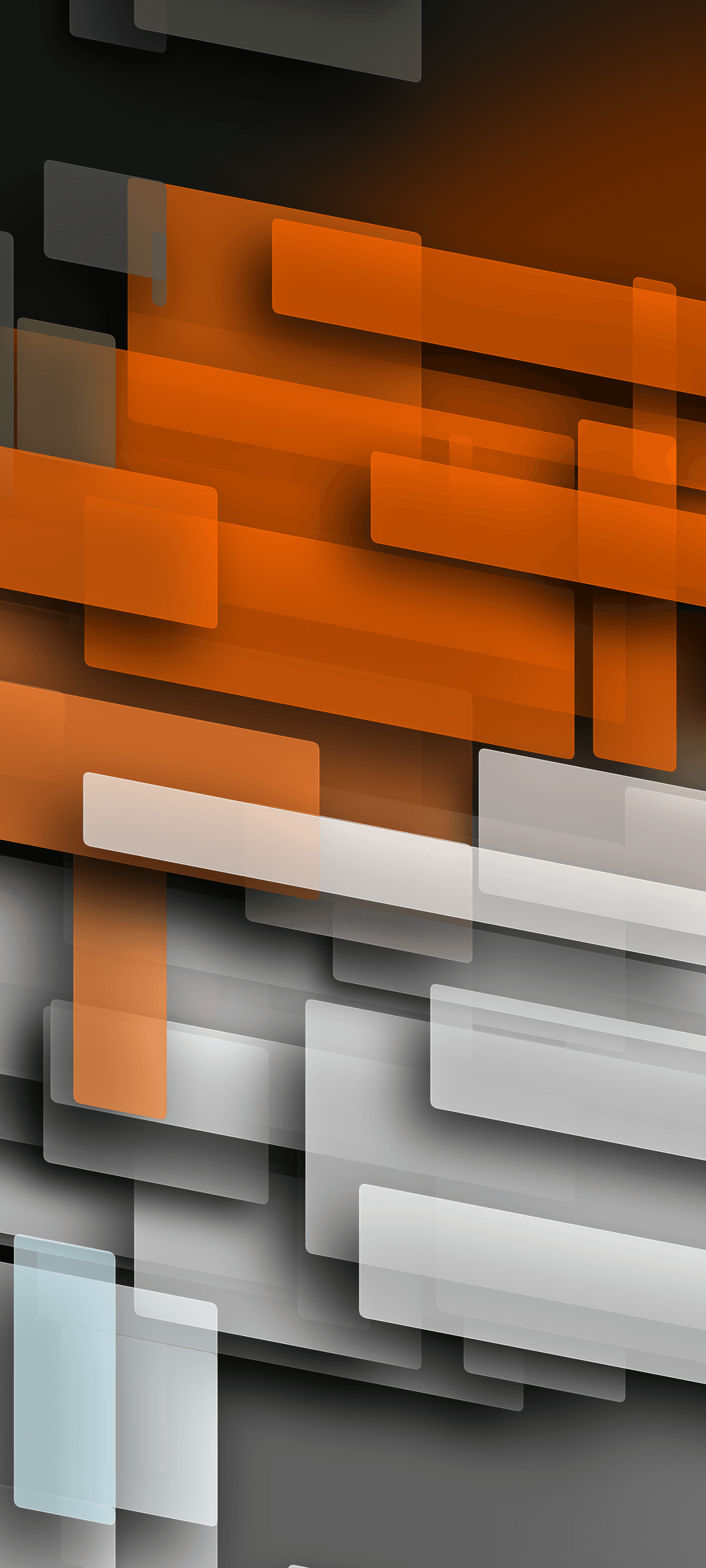 Vibrant orange and translucent white rectangles overlap against a dark gray gradient in a vertical composition.