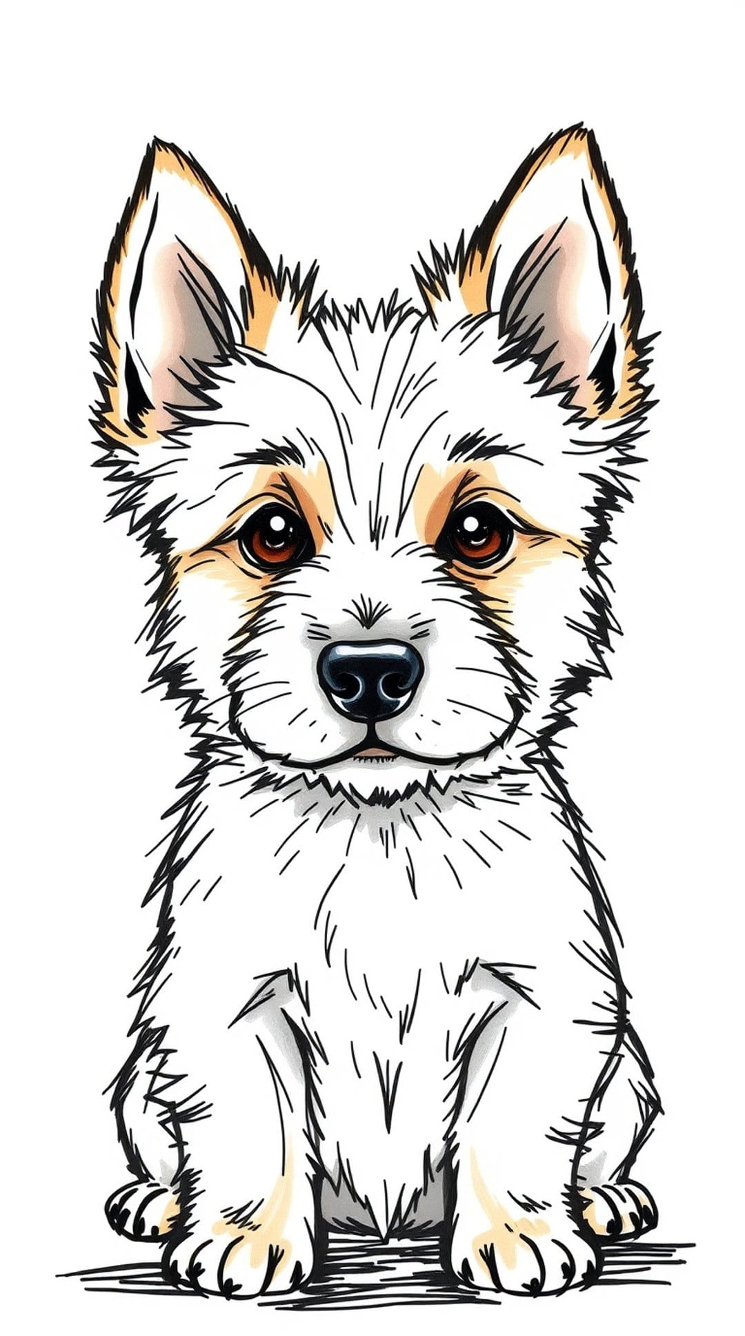 White puppy with expressive brown eyes and floppy ears sits forward with a curious and innocent expression.