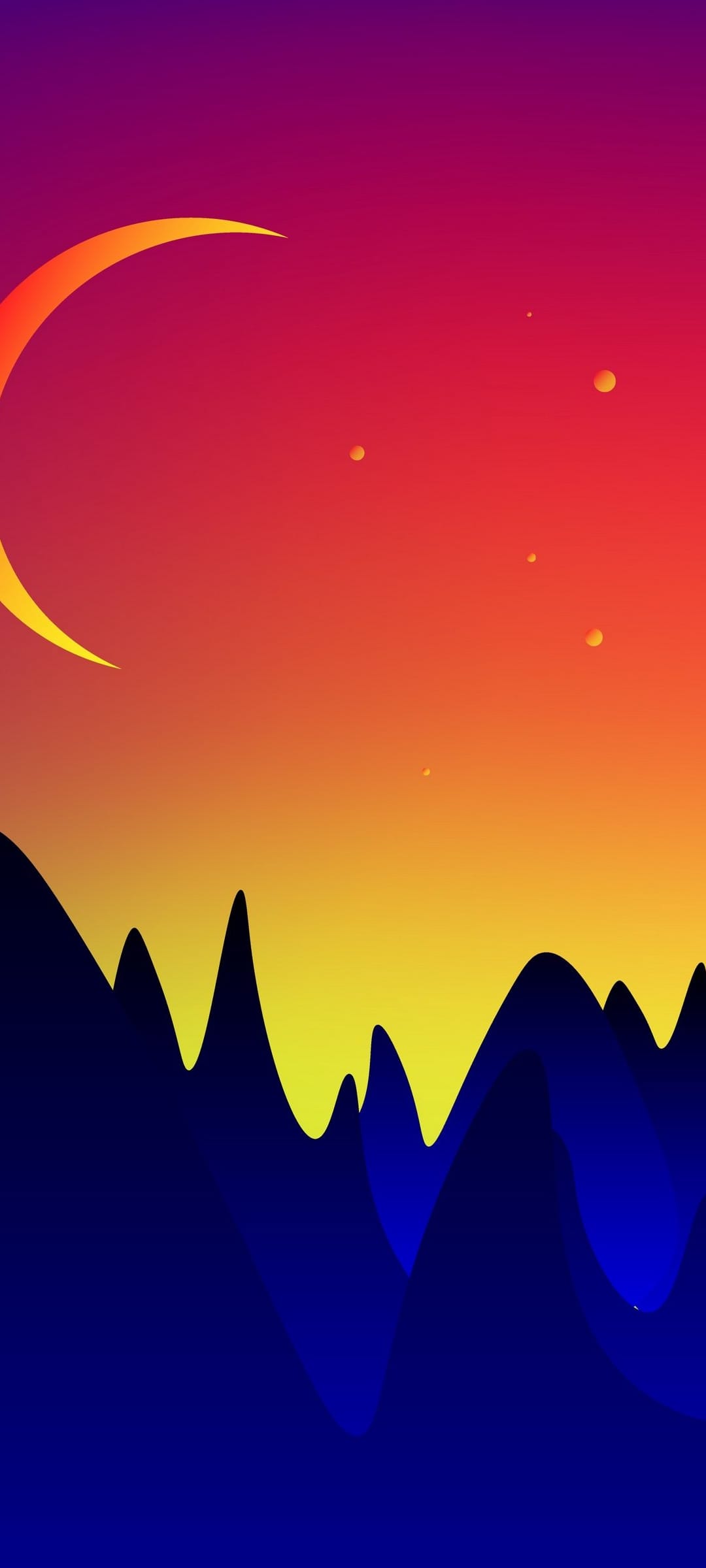 Golden crescent moon glows above jagged dark peaks under a starry violet and orange sky in a vertical view.