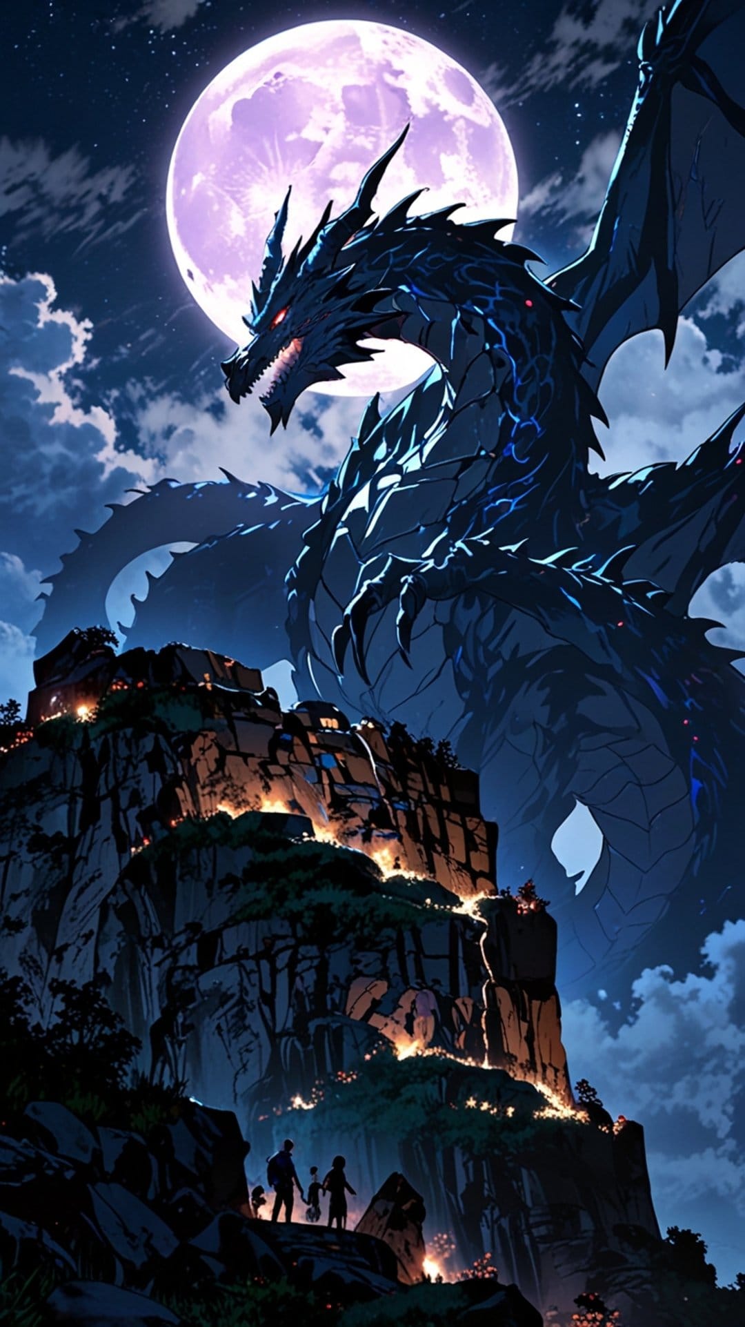 Giant dragon with glowing red eyes overlooks a mountain village lit by a huge moon and torches at night.