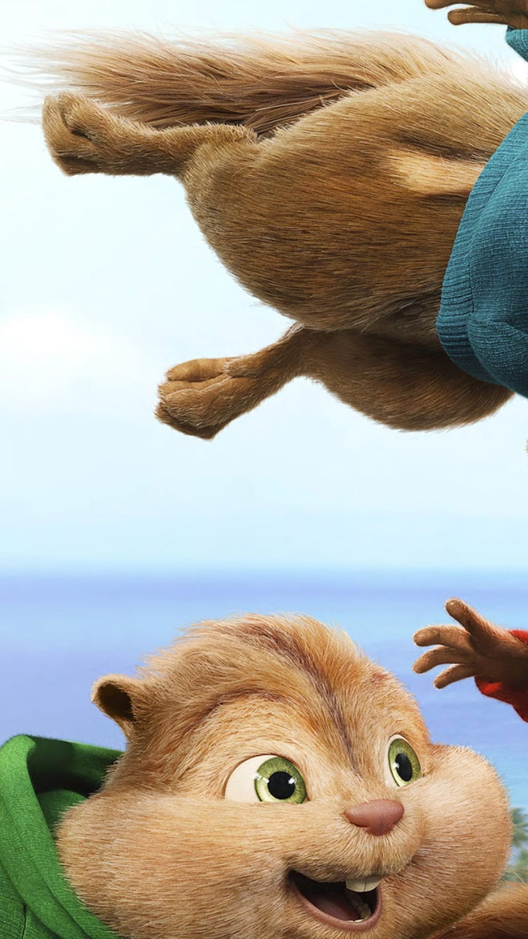 Theodore Chipmunk looks up with wide green eyes while another chipmunk leaps across a bright blue sky.