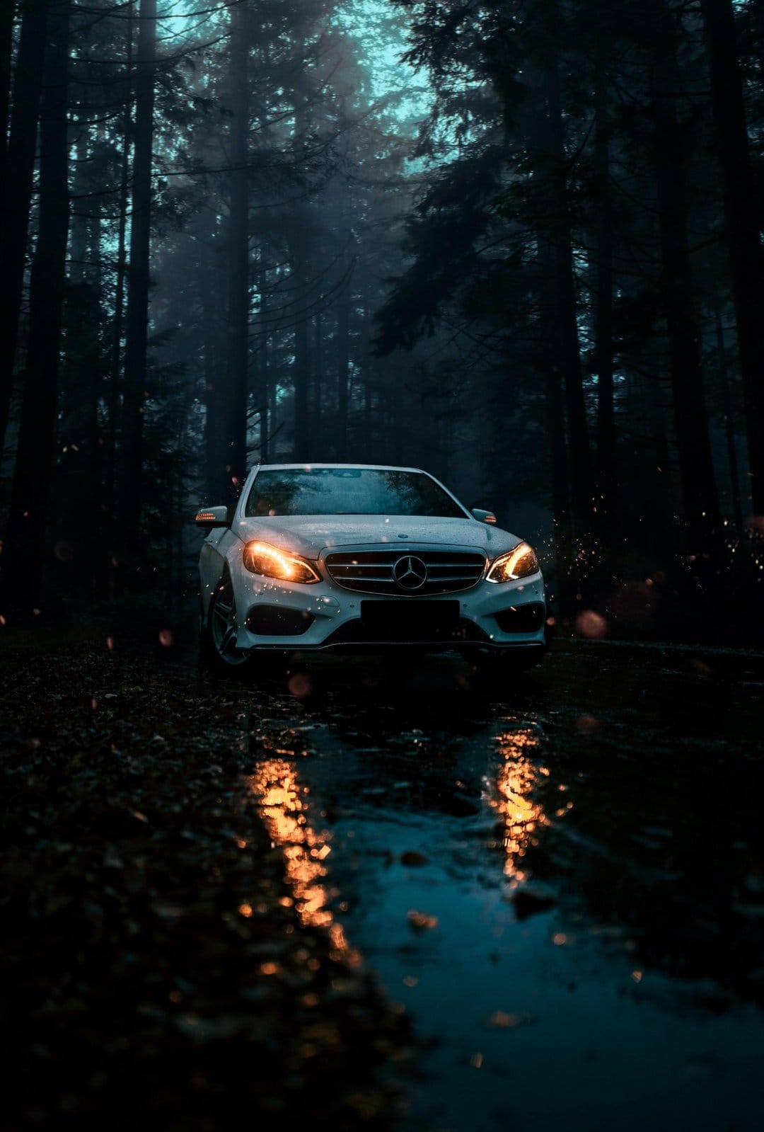 White Mercedes-Benz sedan with glowing headlights on a wet forest road surrounded by thick night fog and bokeh.