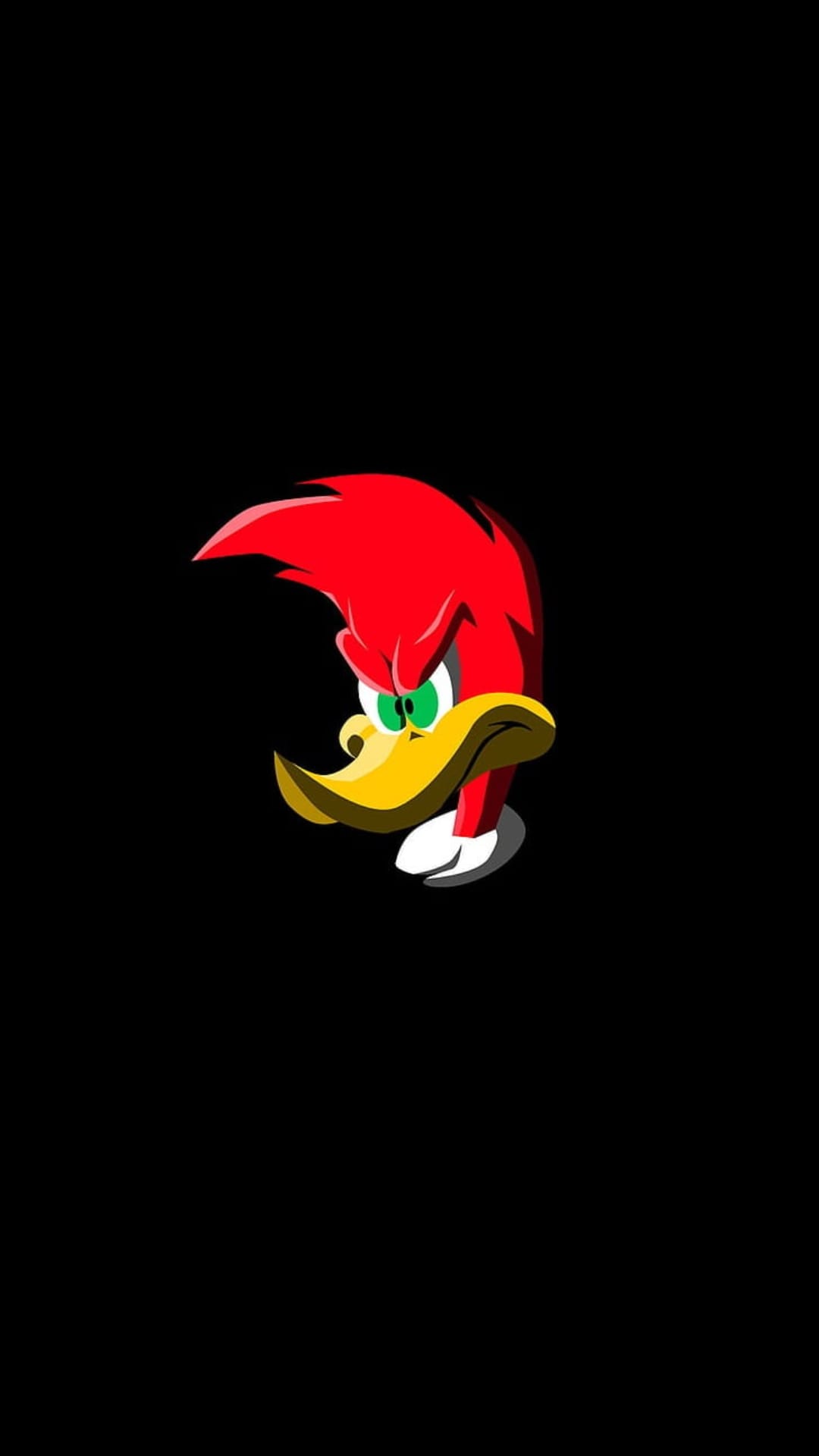 Woody Woodpecker glares forward with an angry expression, showing a red crest, green eyes, and a yellow beak.