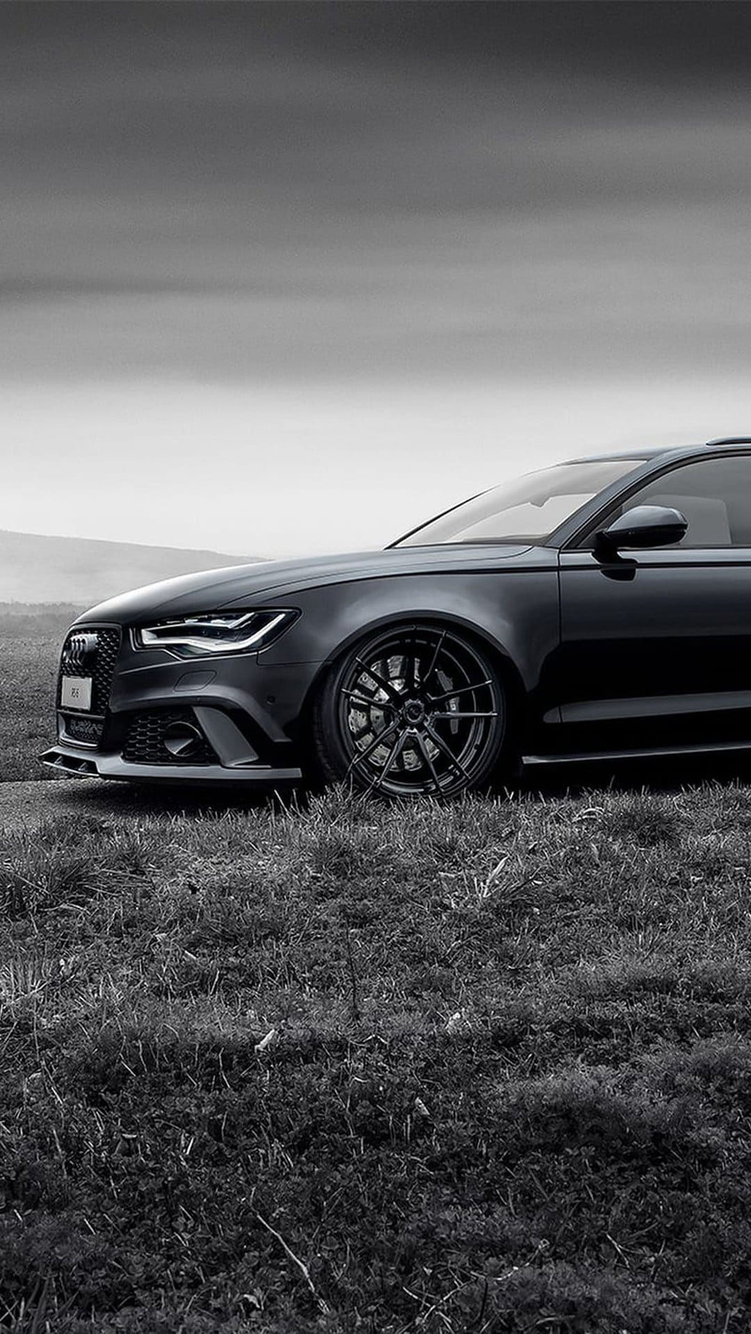 Audi RS6 Avant in a grassy field with sharp LED headlights and large alloy wheels in a grayscale composition.