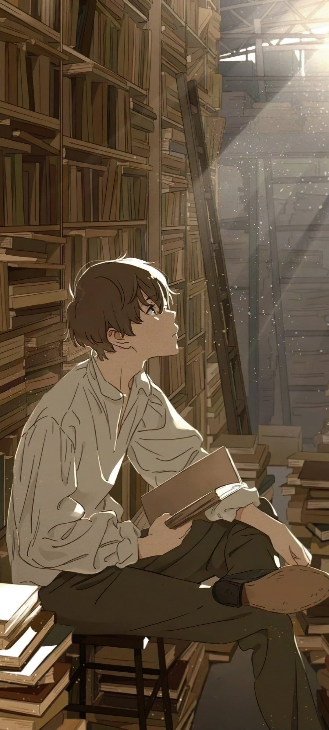 Studious young man holds an open book while seated between tall wooden bookshelves in a hazy, sunlit room.