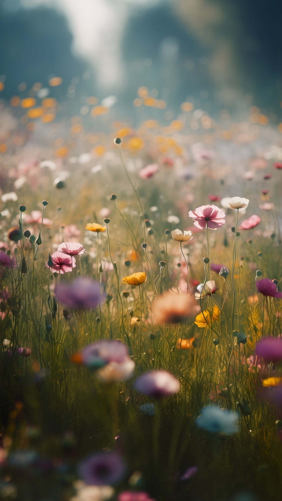 Pink and yellow wildflowers bloom in a sunlit green meadow with a soft bokeh background and golden light leaks.
