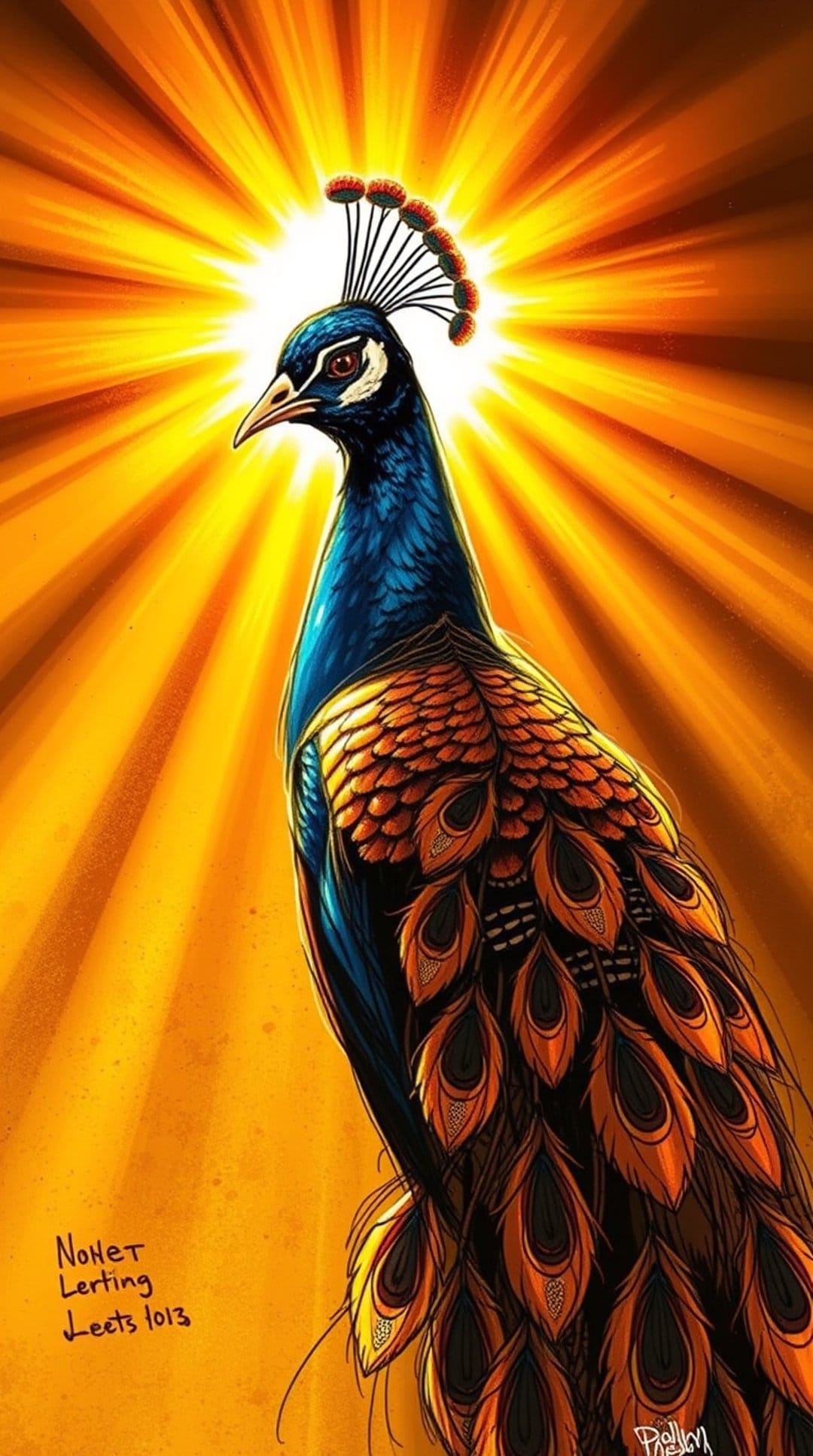 Peacock with vivid blue and orange plumage stands before a radiating gold sunburst with sharp feather detail.