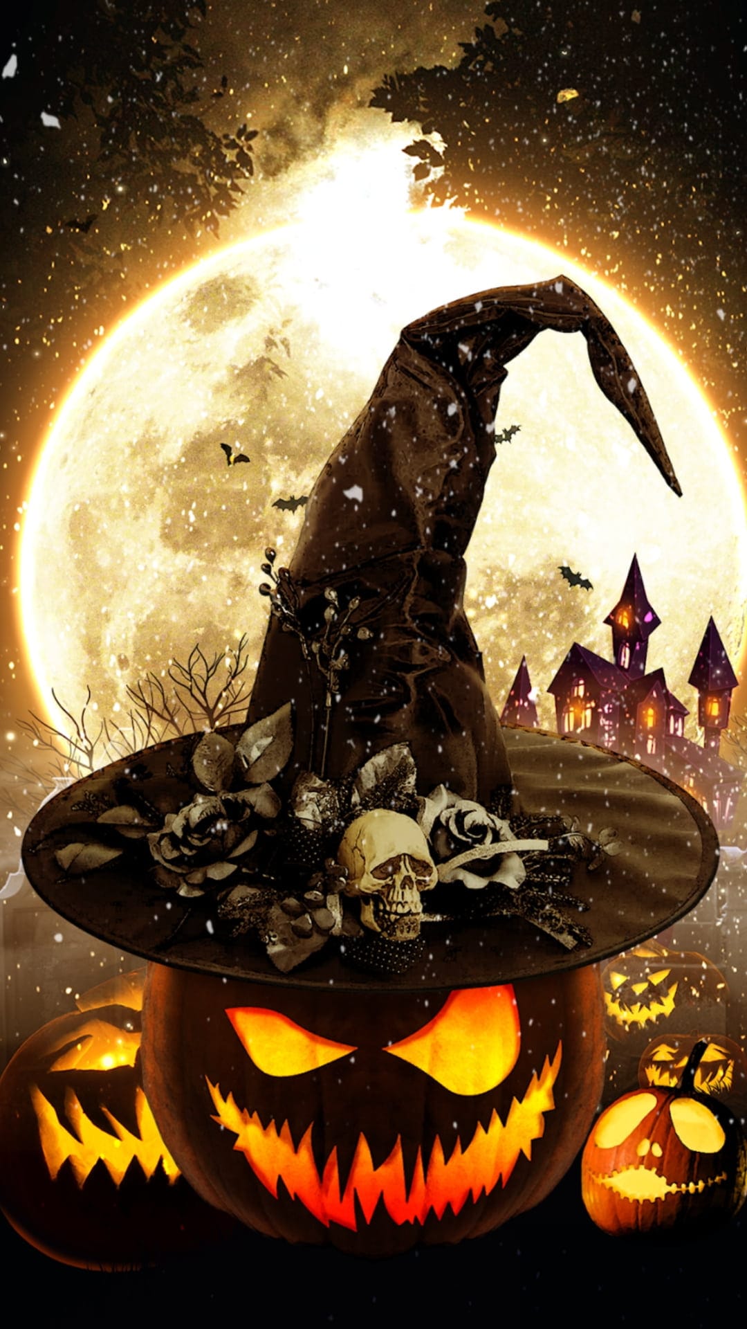 Black witch hat with skulls sits on a glowing jack-o'-lantern under a full moon with a castle and bats behind it.