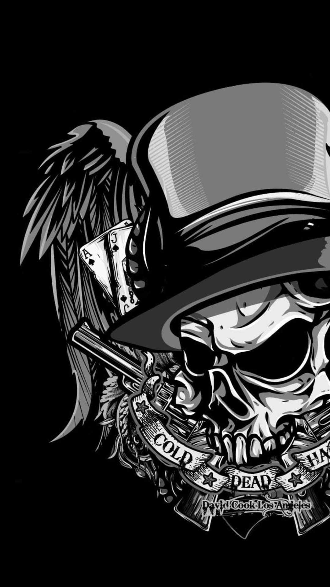Skull wearing a fedora hat with wings, crossed revolvers, and playing cards in a detailed grayscale style.