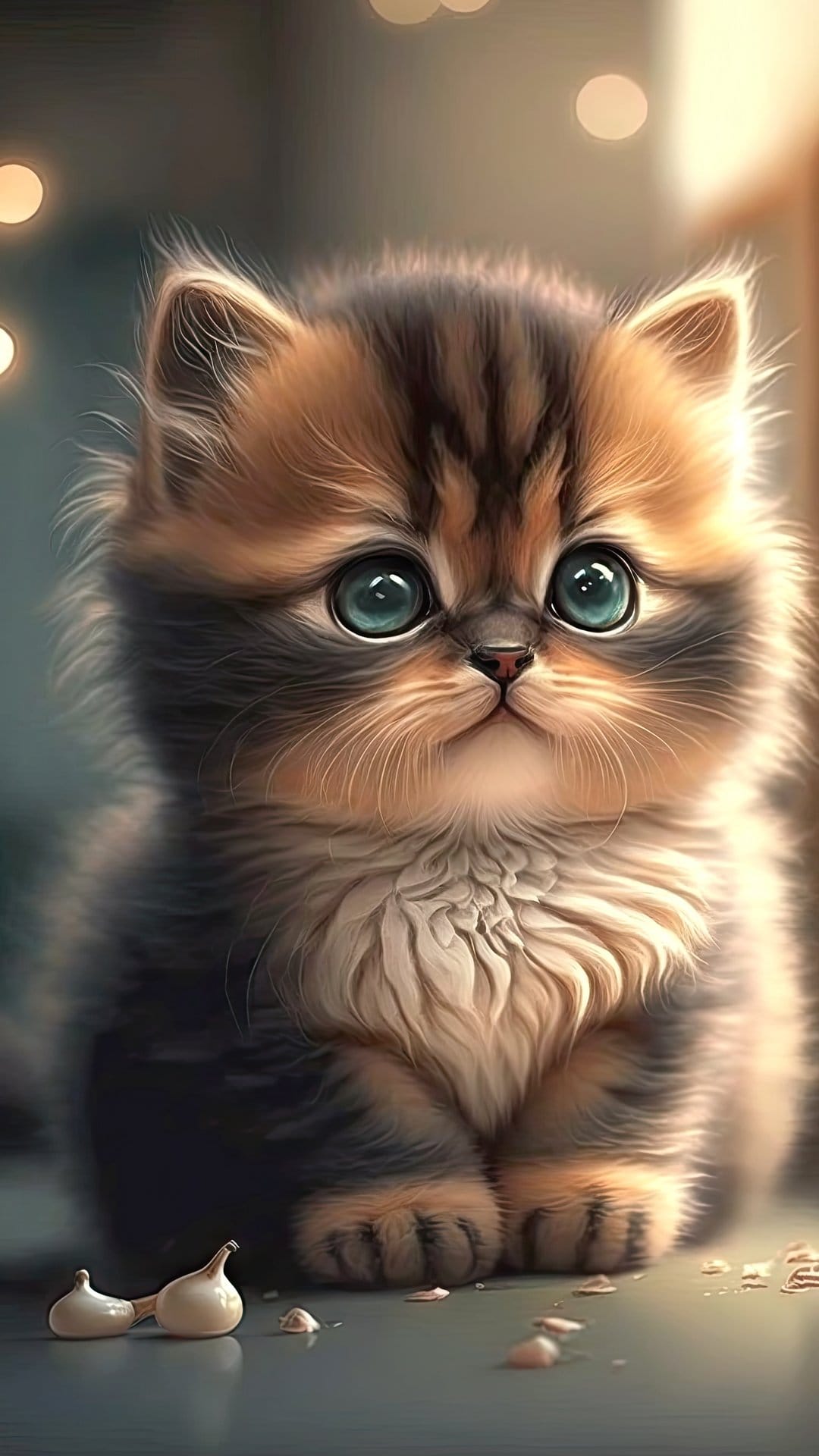 Fluffy tabby kitten with large blue eyes gazes forward against a warm bokeh background with small white pearls.