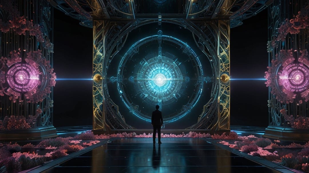 Man standing before a glowing circular blue portal in a metallic hall with pink lights and reflective floors.