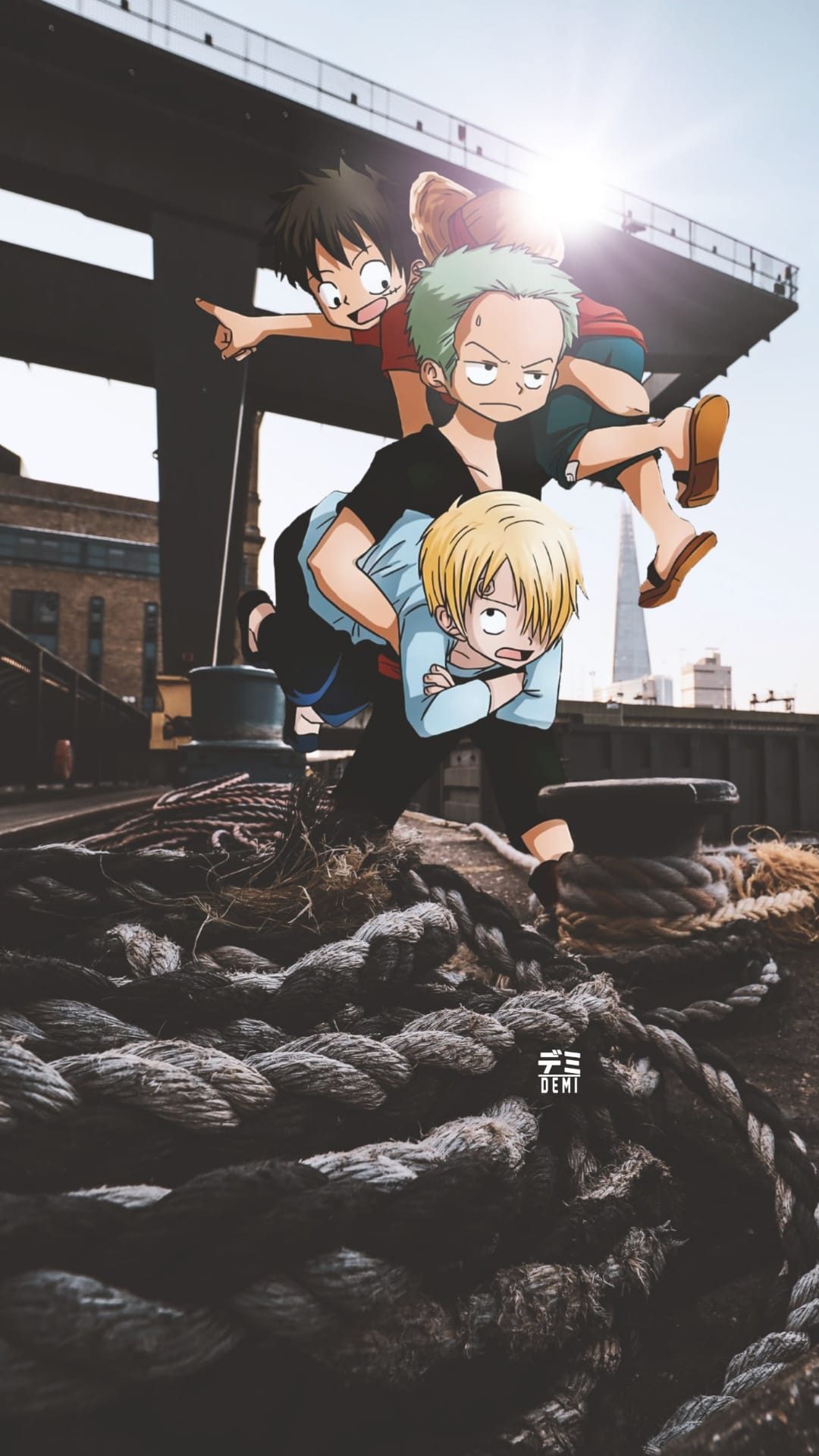 Luffy, Zoro, and Sanji stack vertically on thick ropes against a sunny industrial cityscape background.