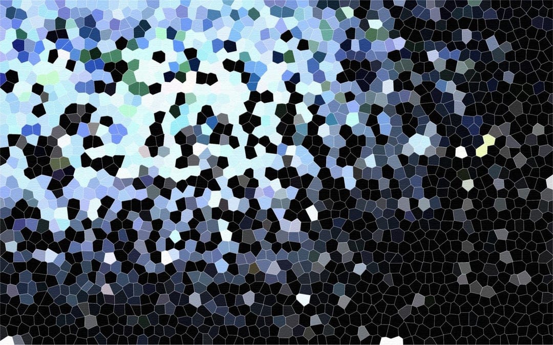 Irregular geometric tiles in shades of sapphire and black create a mosaic gradient with thin dark outlines.