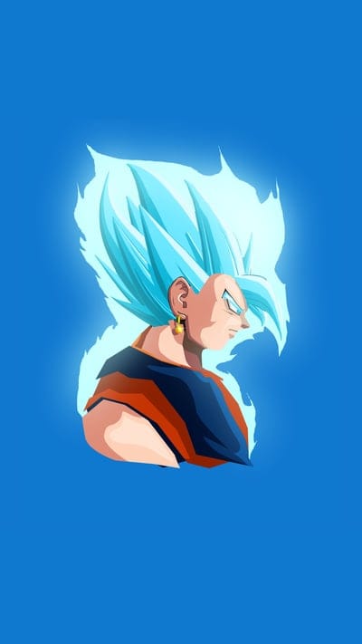 Dragon Ball art, powerful fusion, anime fan art, Potara fusion, blue energy, minimalist design, Vegito, Saiyan, aura, iconic