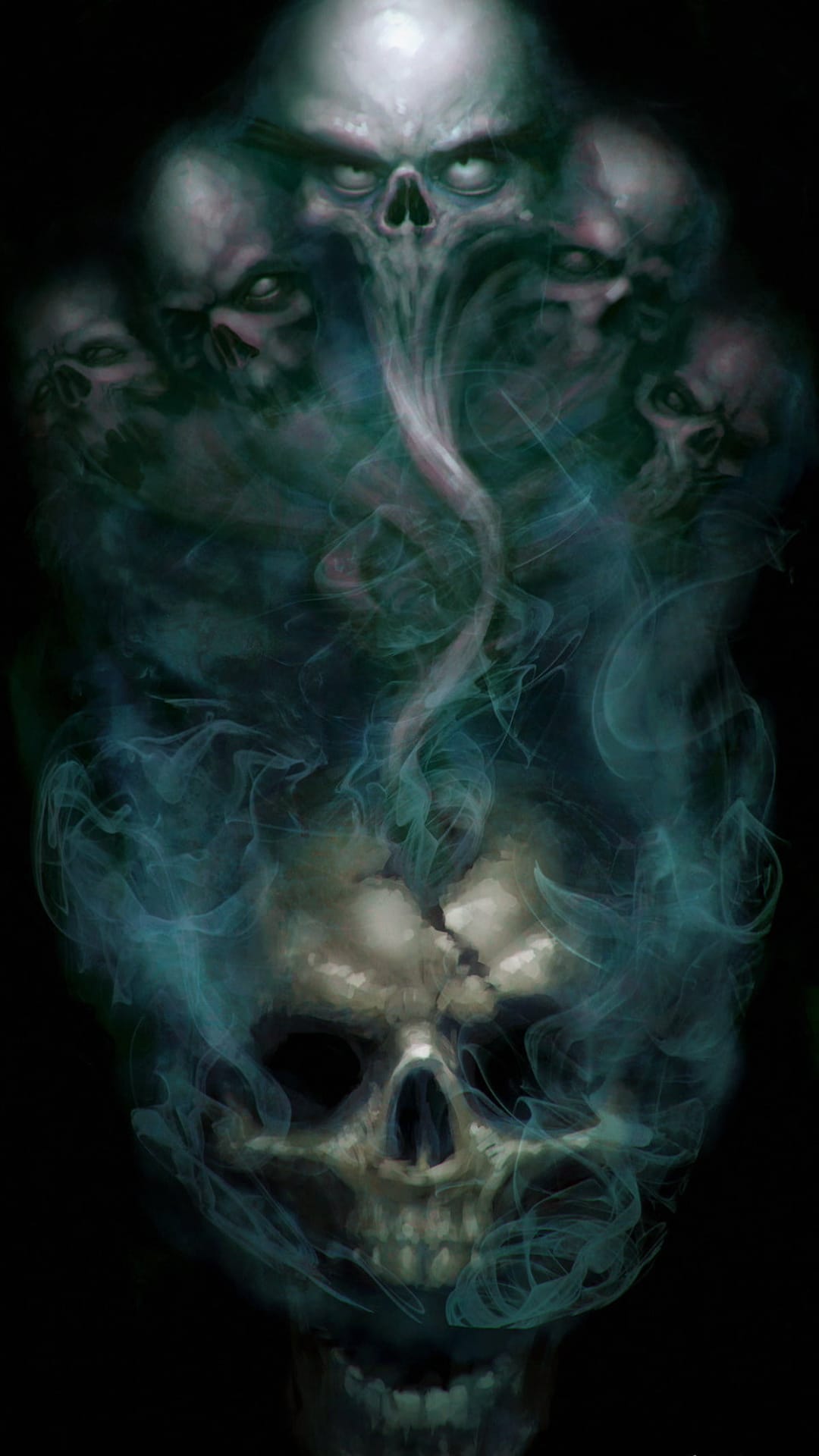 Ghostly teal skull with empty sockets rises from swirling green smoke beneath a cluster of smaller skeleton heads.