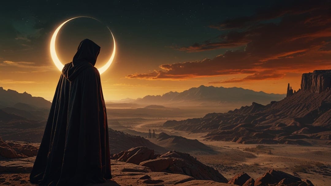 Hooded silhouette stands on a cliff edge viewing a bright solar eclipse over a vast orange desert landscape.