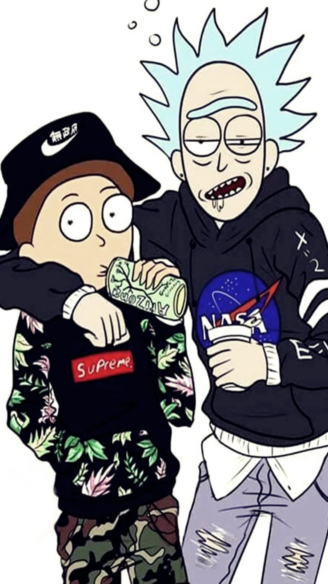 Rick Sanchez in a NASA hoodie stands beside Morty Smith wearing a floral Supreme sweatshirt and bucket hat.