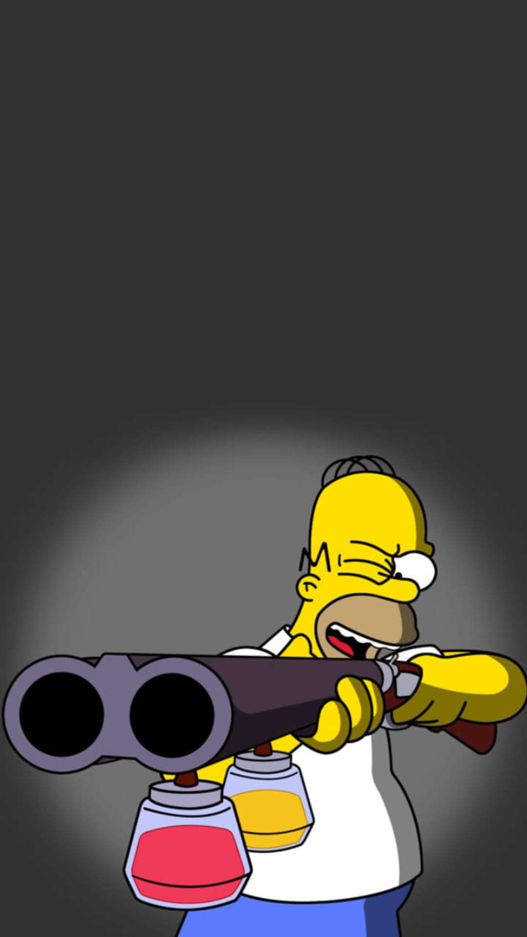 Homer Simpson holds a shotgun with ketchup and mustard jars attached while closing his eyes in frustration.