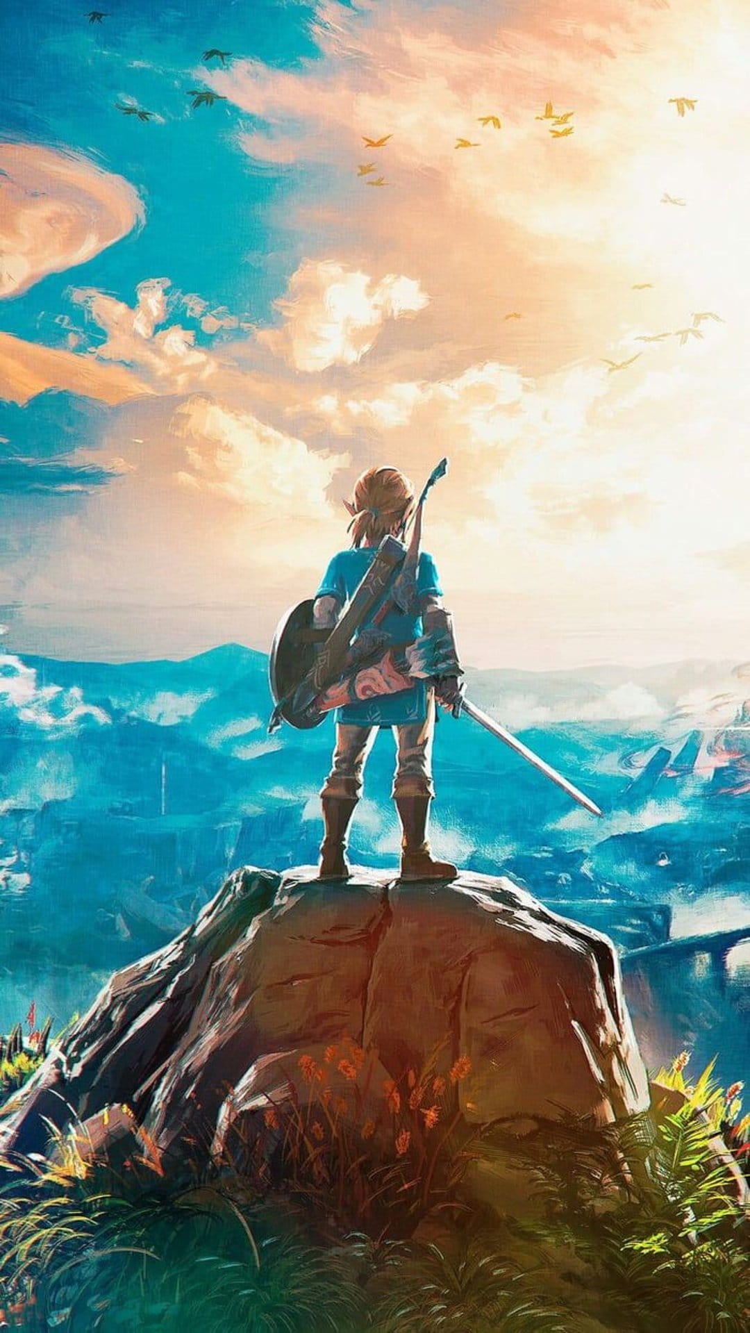 Link overlooks the expansive Hyrule valley at dawn with silhouettes of birds soaring through a colorful sky.