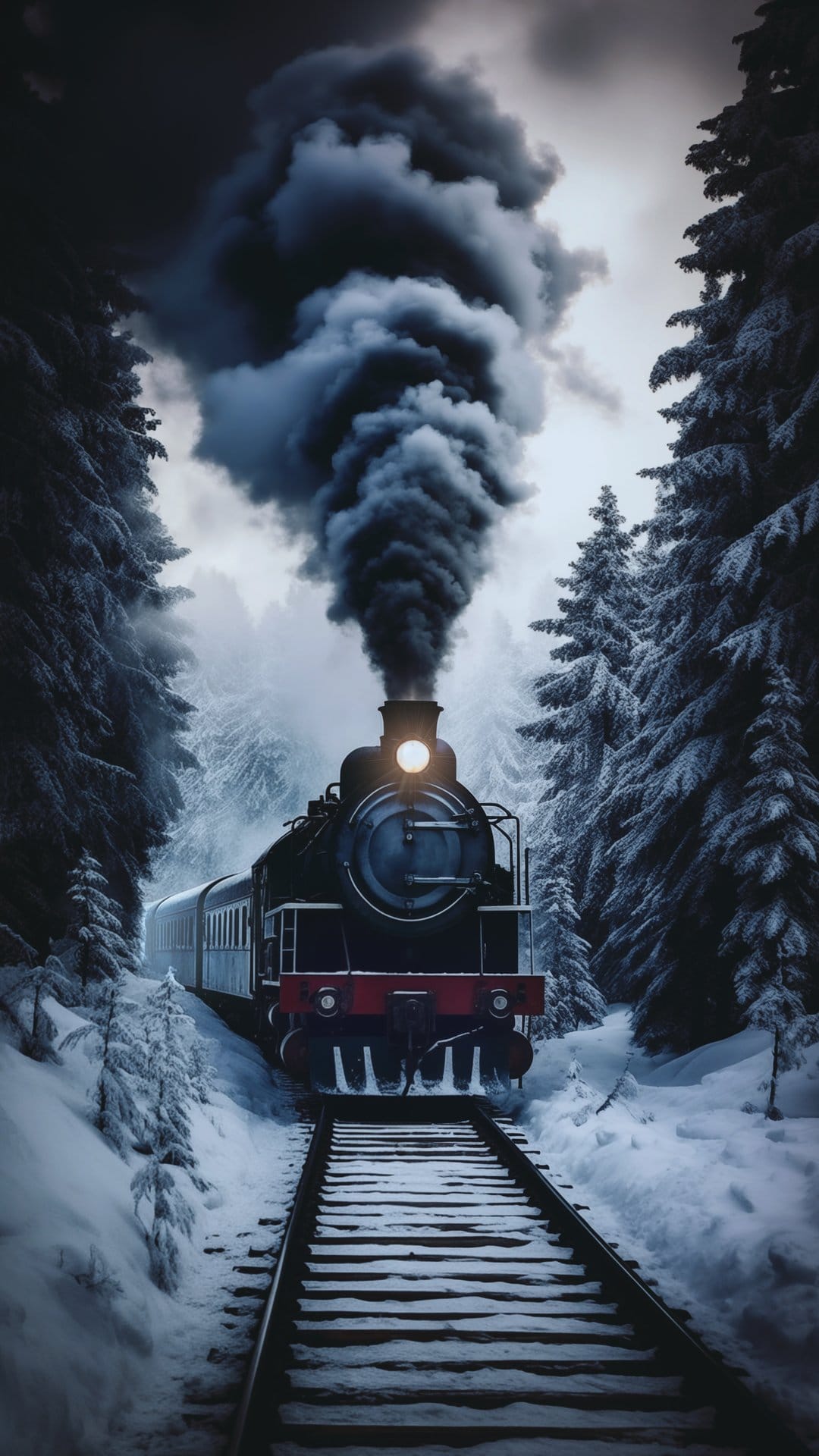Vintage steam locomotive billowing smoke through a dense, snow-covered forest during a heavy winter freeze.