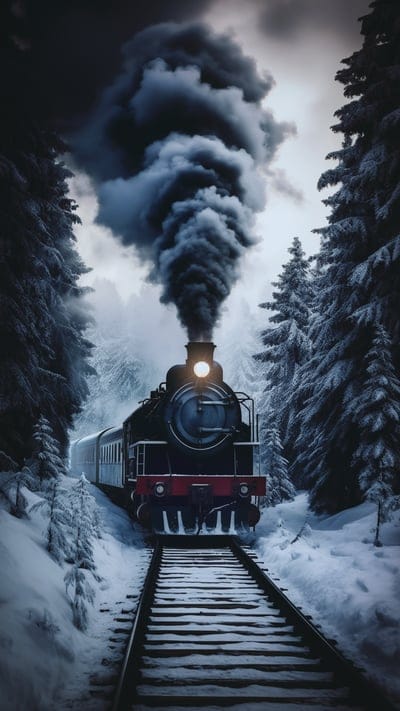 train,railroad,smoke,forest,snow