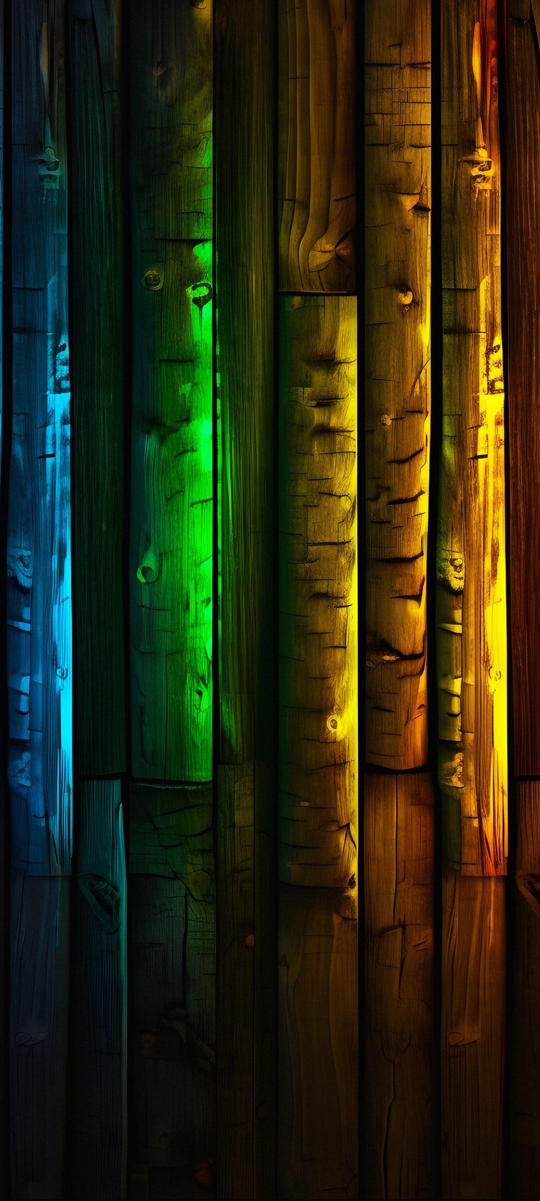 Vertical wooden planks featuring a vibrant rainbow color gradient with visible knots and organic grain textures.