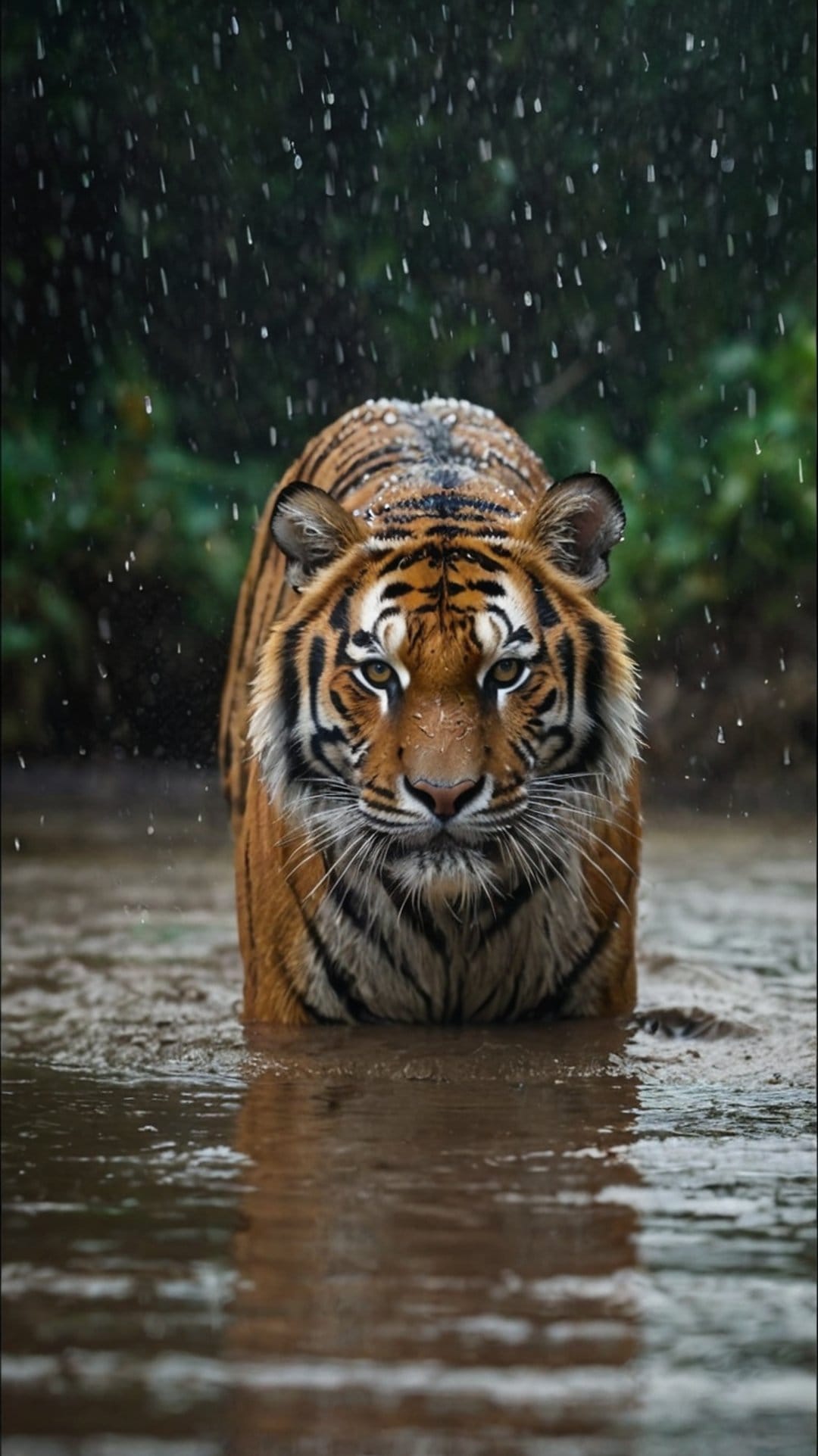 Bengal tiger with wet fur walking through a shallow river while rain falls against a lush green forest backdrop.