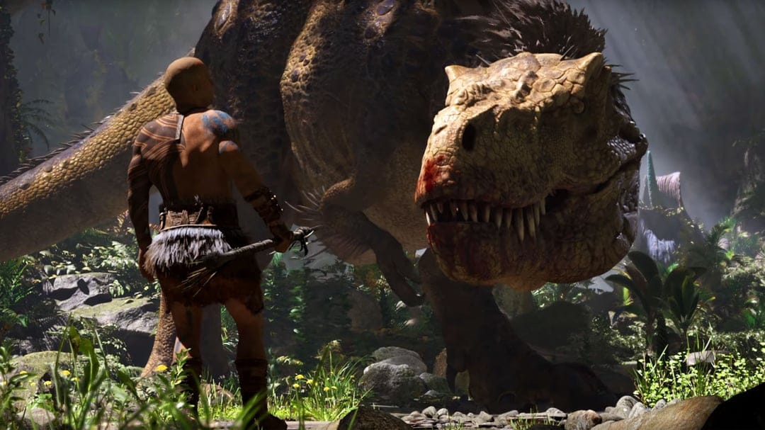 Tattooed man with a primitive club faces a massive feathered T-Rex in a sunlit prehistoric jungle clearing.