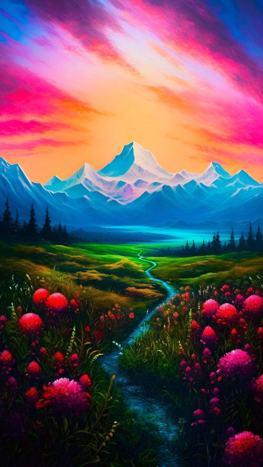 Sharp mountain peaks rise above a stream and red wildflowers under a vivid orange and purple sunset sky.
