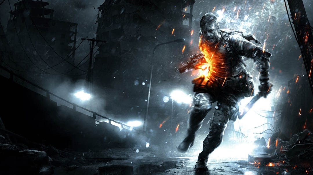 Soldier in tactical gear running through a dark rainy city with bright orange sparks and glowing embers.