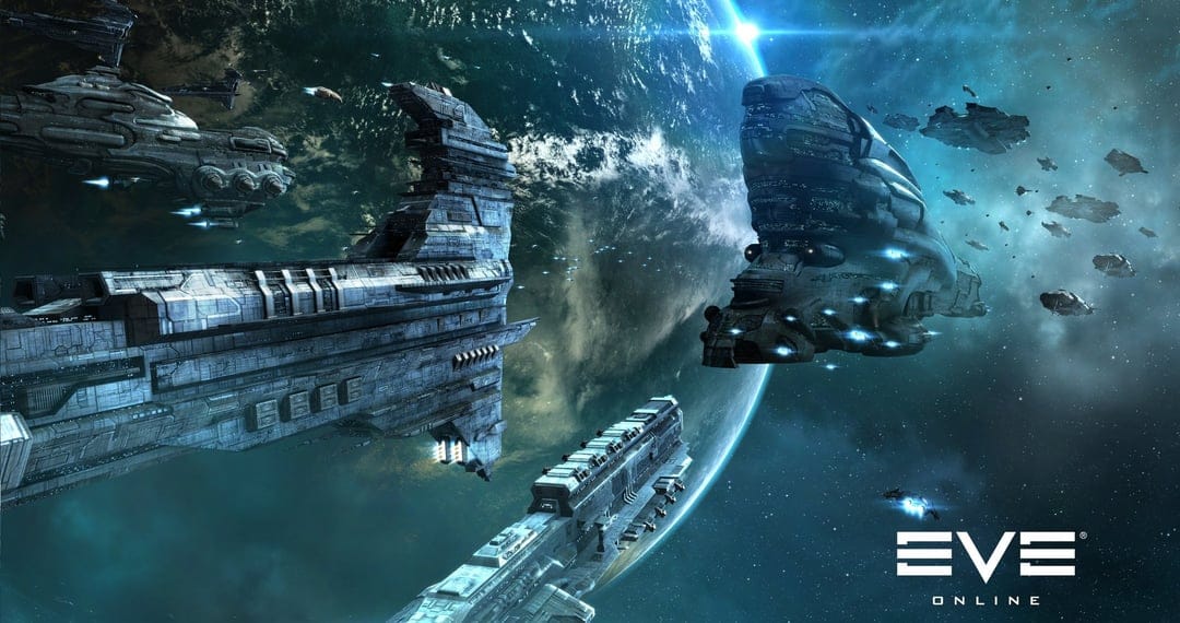 Massive futuristic spaceships orbiting a green planet in deep space with glowing engines and bright starlight.