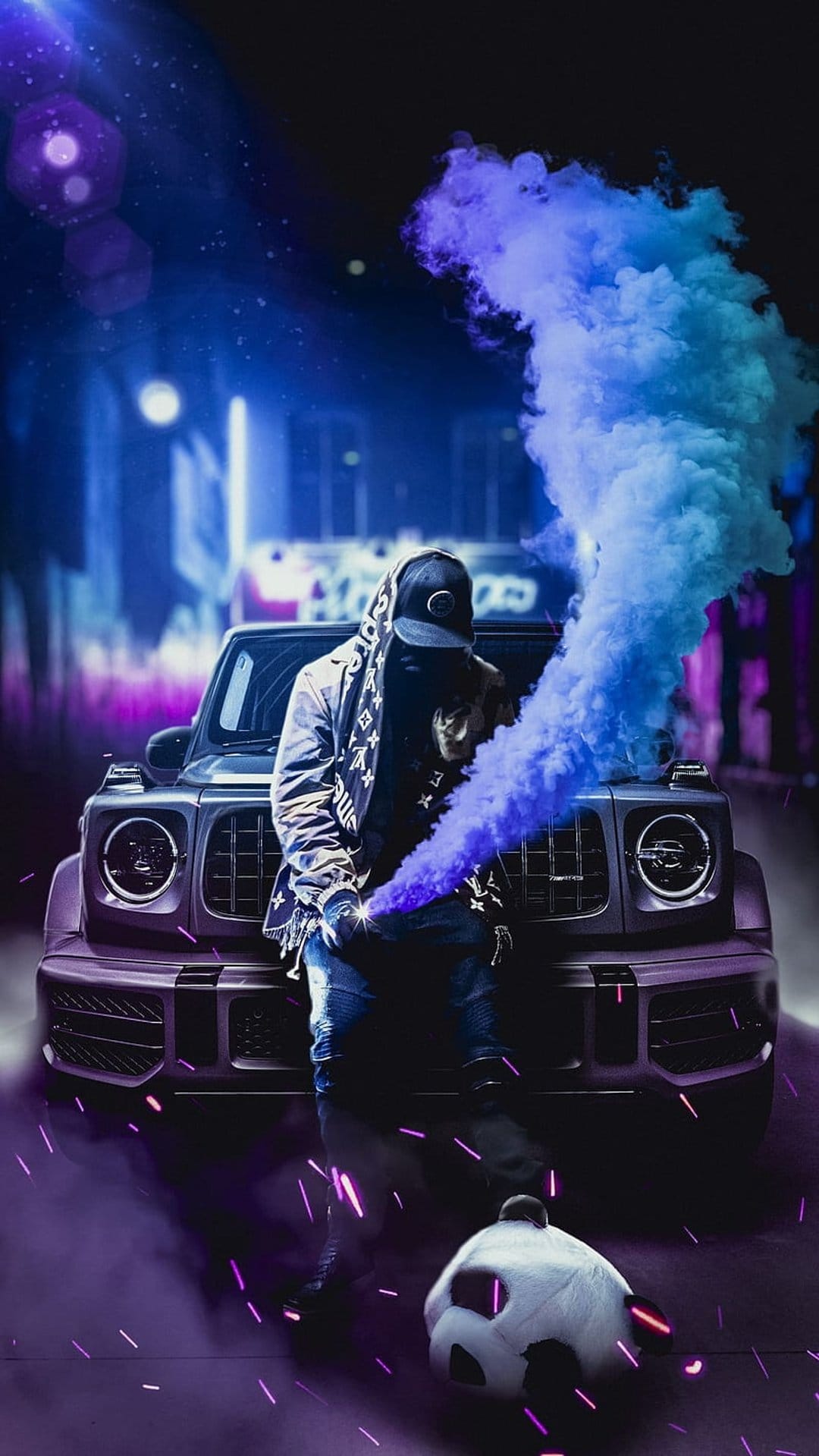 Streetwear-clad person holding a blue smoke bomb while leaning on a luxury car amidst neon city lights.