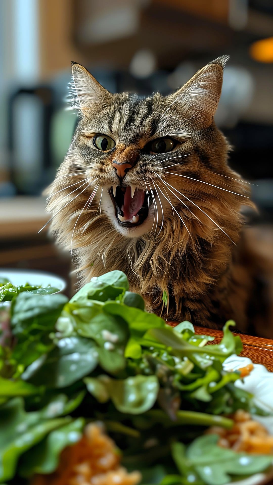 Brown tabby cat baring teeth and hissing at a bowl of green lettuce leaves in a detailed close-up shot.