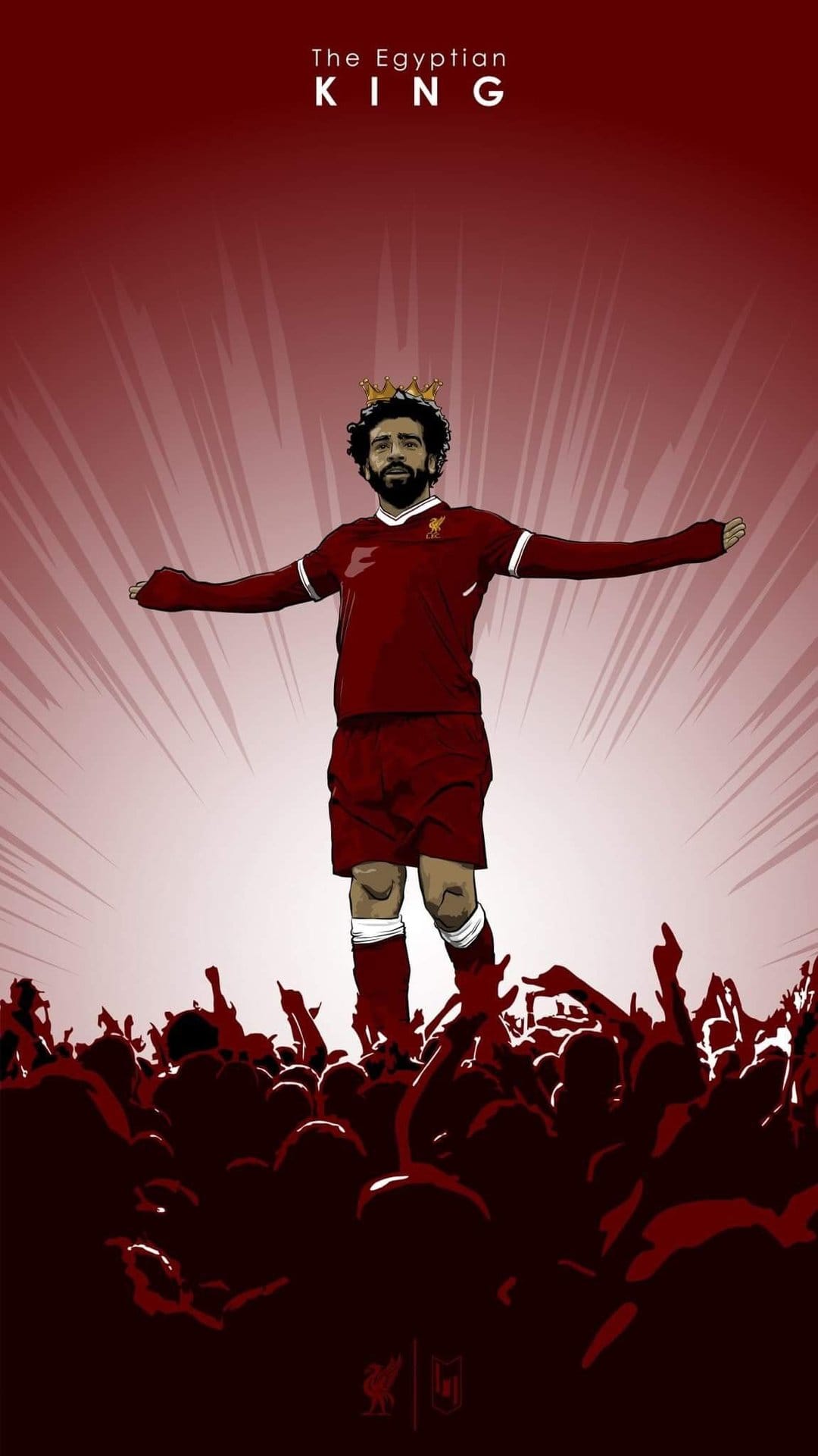 Mohamed Salah wearing a gold crown and red jersey raises his arms above a crowd of cheering soccer fans.