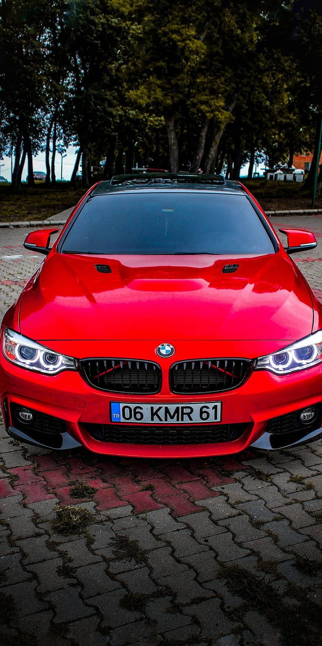Red BMW M Performance car with a front grille and headlights parked on brick pavement near green trees.